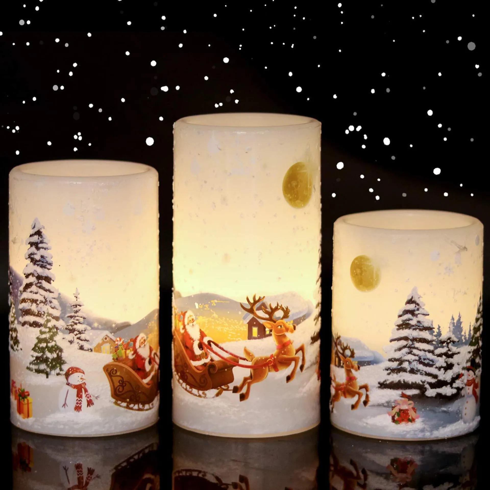 eldnacele christmas flameless candles with timer, led flickering battery pillar candles with 6h timer and santa snowman decal