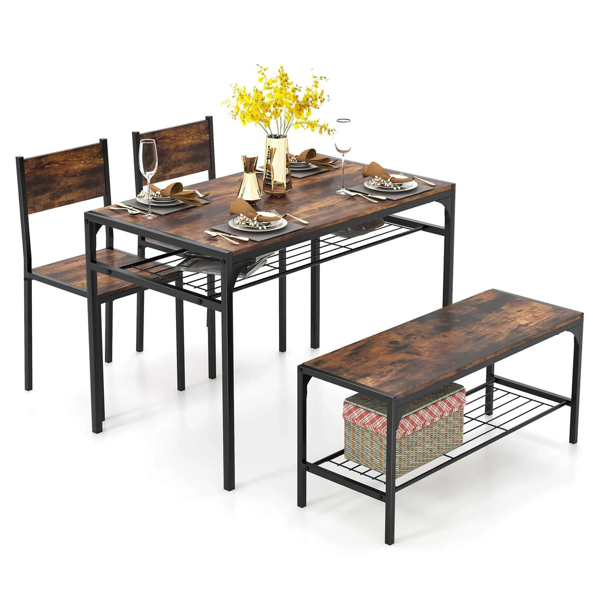 Costway Dining Table Set for 4 Rectangular Table with 2 Chairs, 1 Bench, Storage Racks Rustic Brown