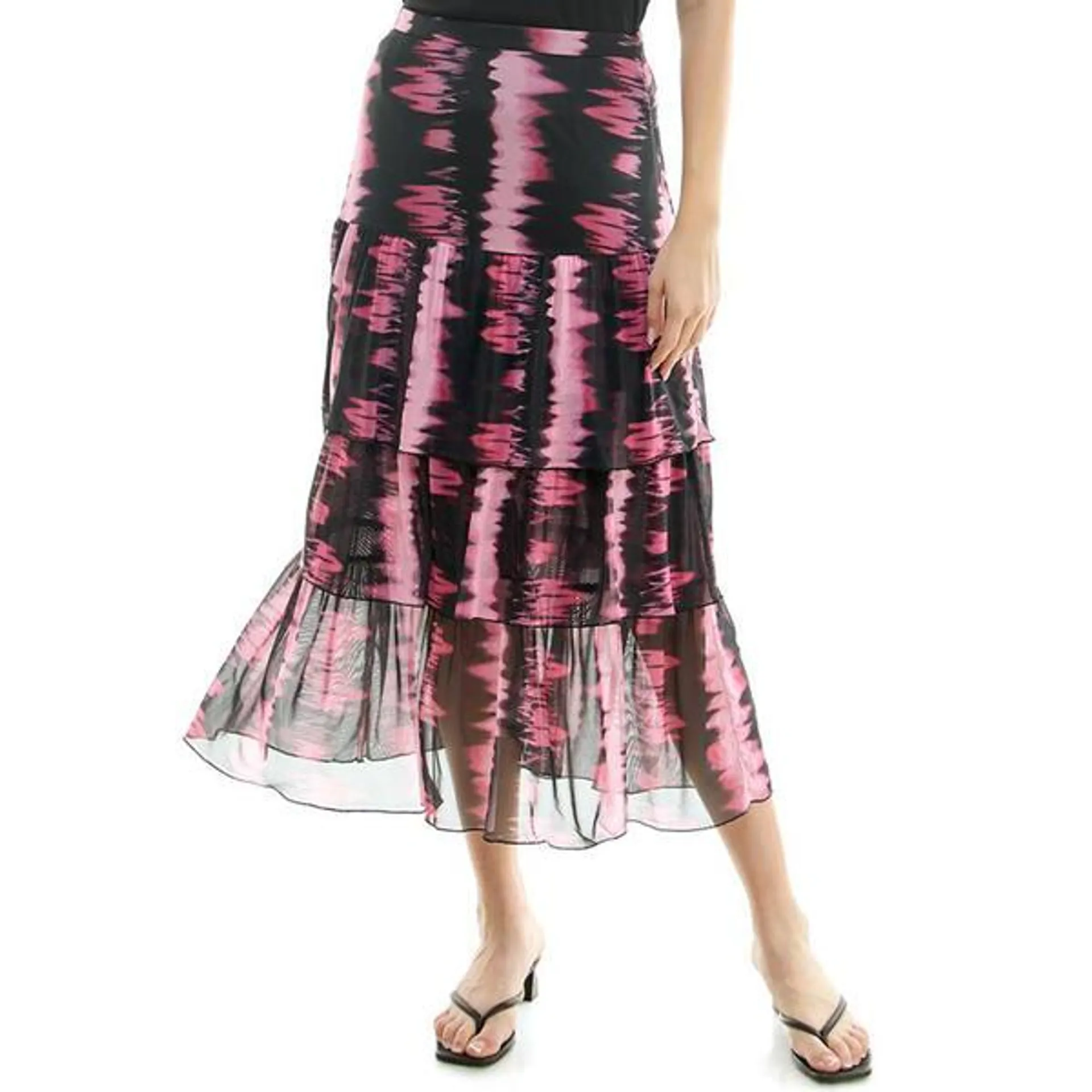 Womens Nicole Miller Long Tiered Tie Dye Stripe Mesh Skirt