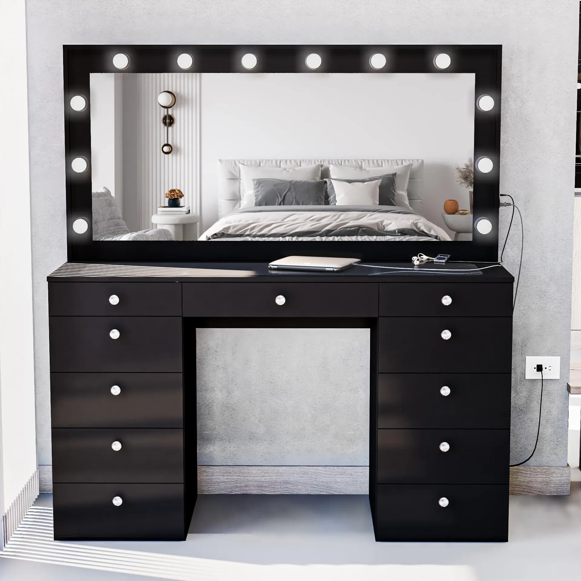 Boahaus Yara Bedroom Makeup Vanity Desk with Mirror and Lights, 7 Drawers, Glass Top, USB Port Golden Knobs, Black Big Vanity Ma