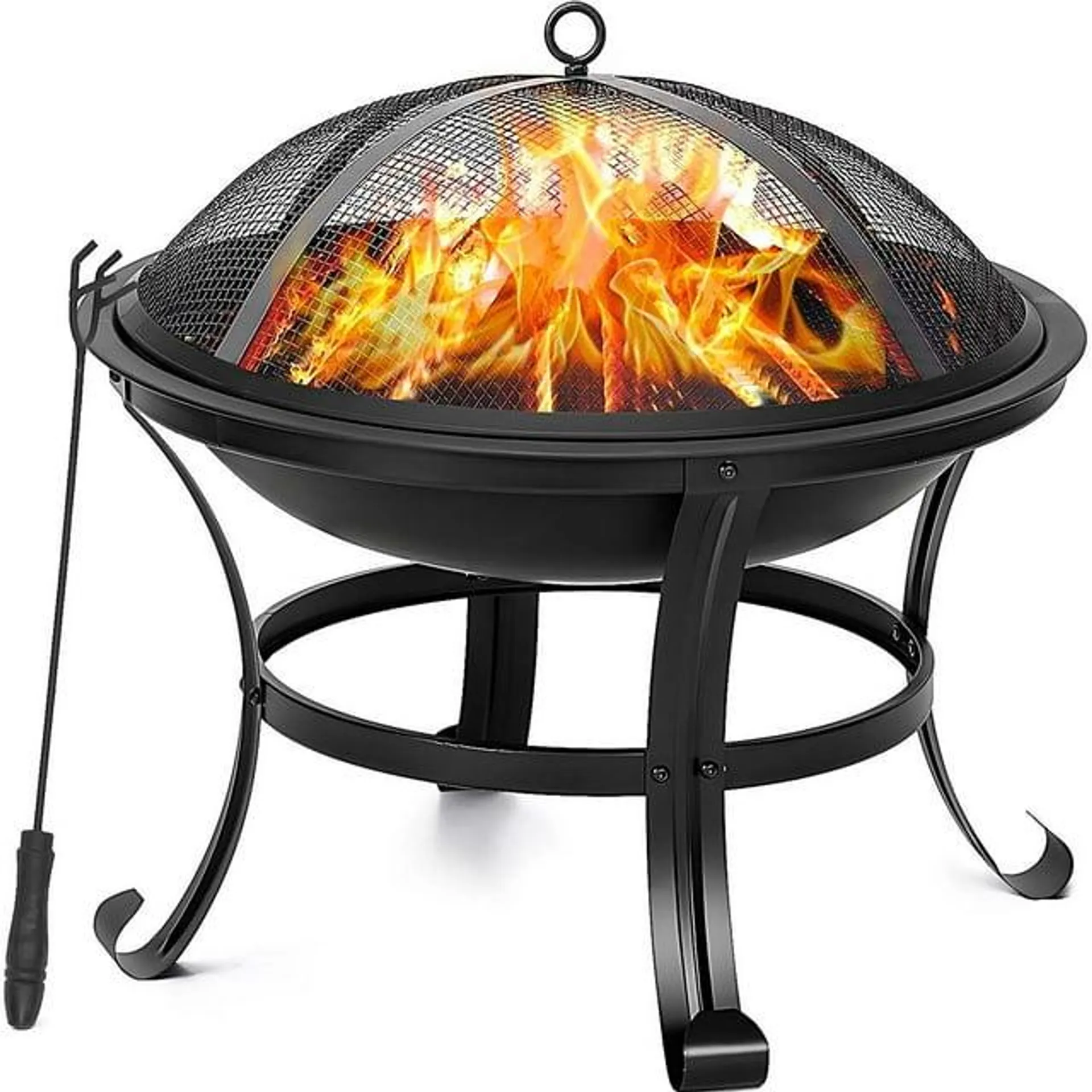 Segmart 22" Round Fire Pit, Curved Iron Outdoor Wood Burning Fire Pit Patio Decoration with Spark Screen, Log Grate, Poker for Backyard Poolside, Black