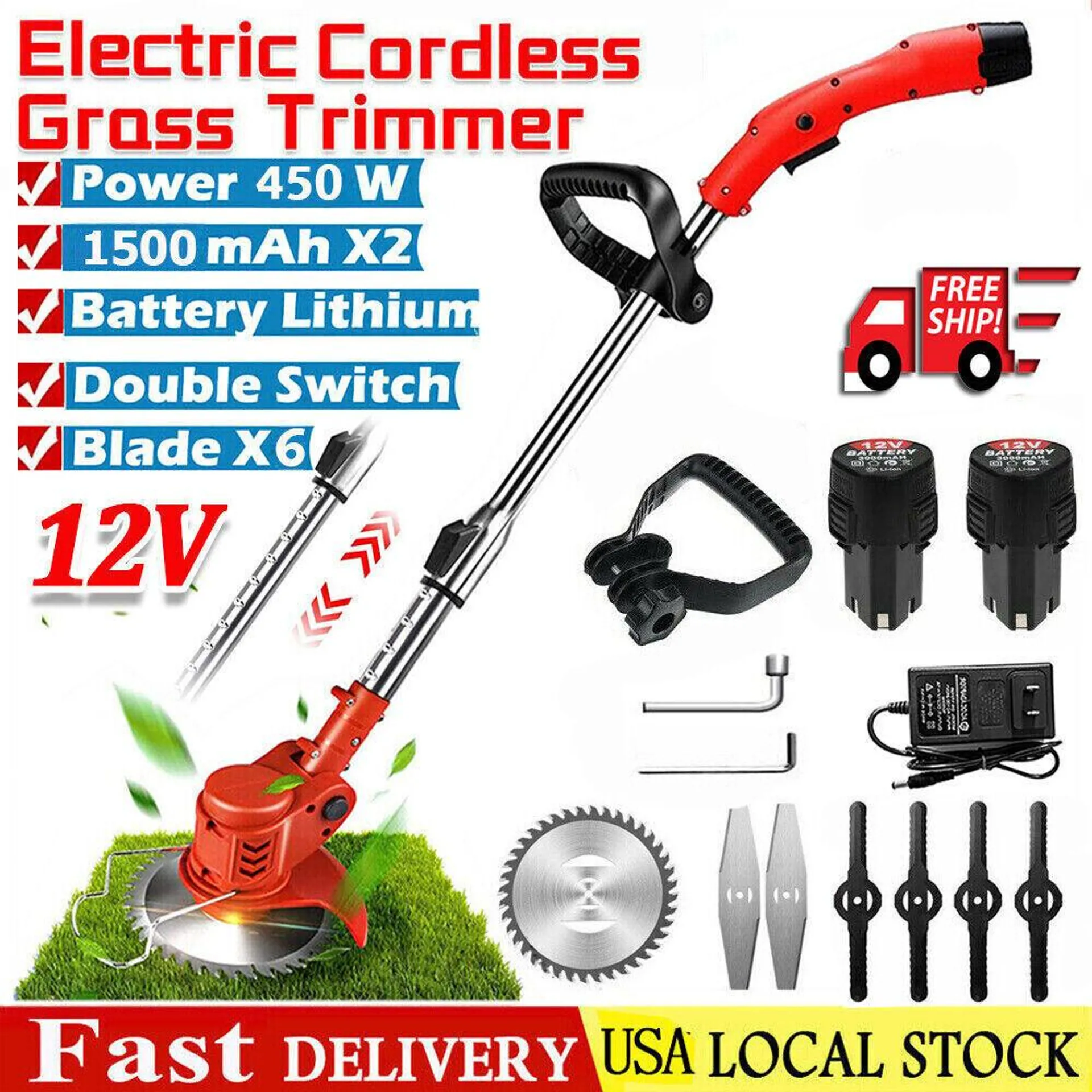 Great Choice Products Electric Cordless Grass String Trimmer Lawn Edger Weed Wacker Cutter + 2 Battery