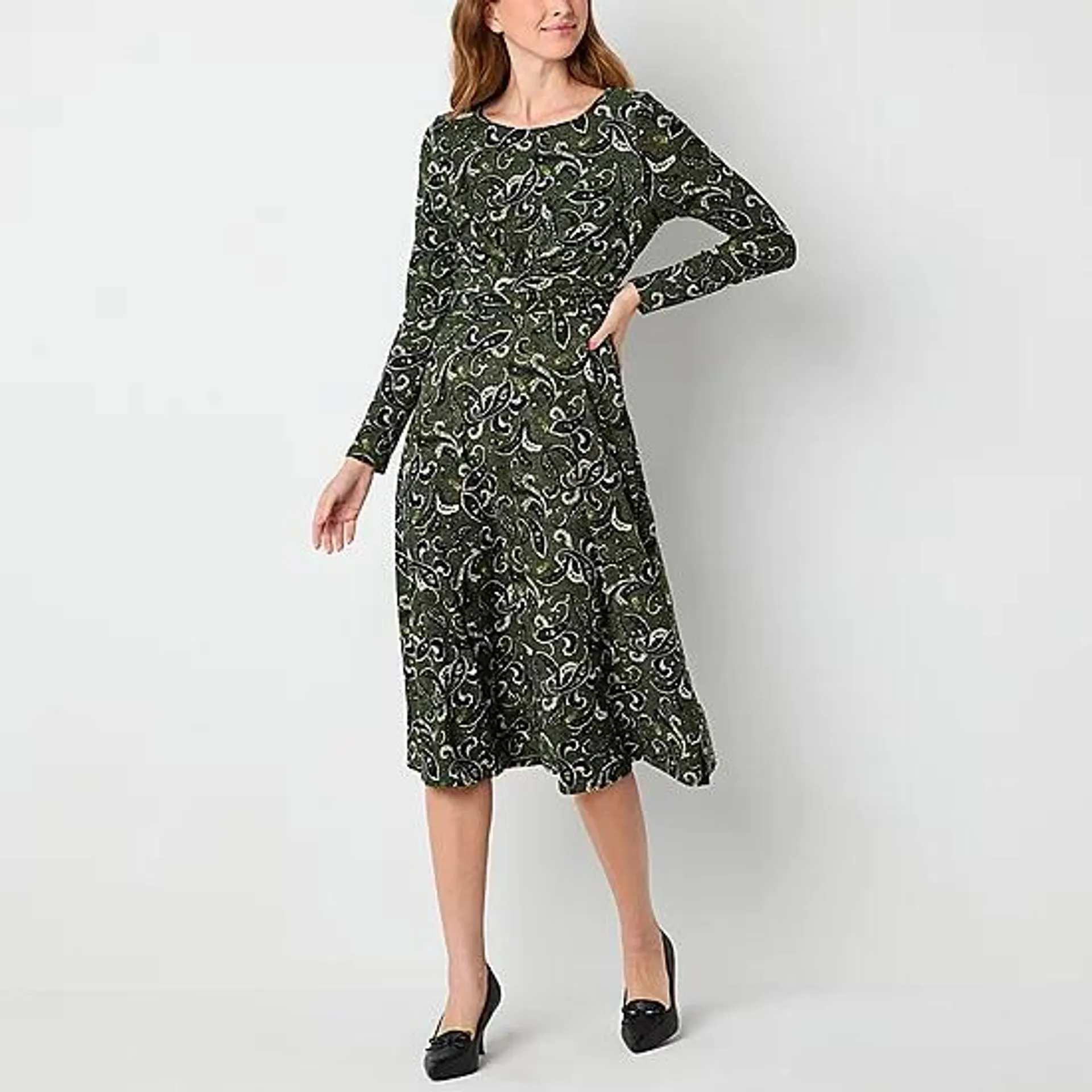 Perceptions Womens Long Sleeve Paisley Midi Fit + Flare Dress