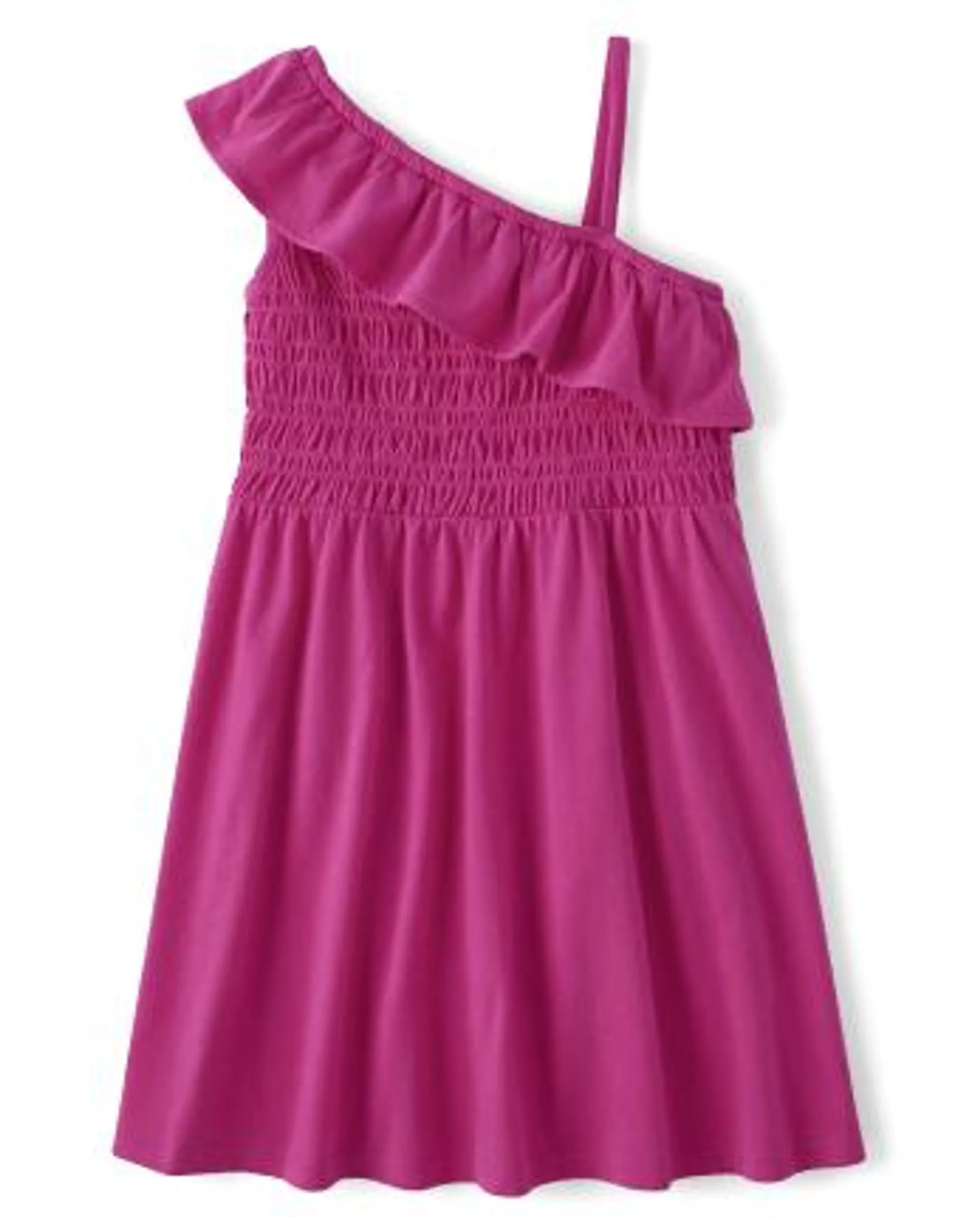 Girls Smocked Ruffle One Shoulder Dress - pink glow