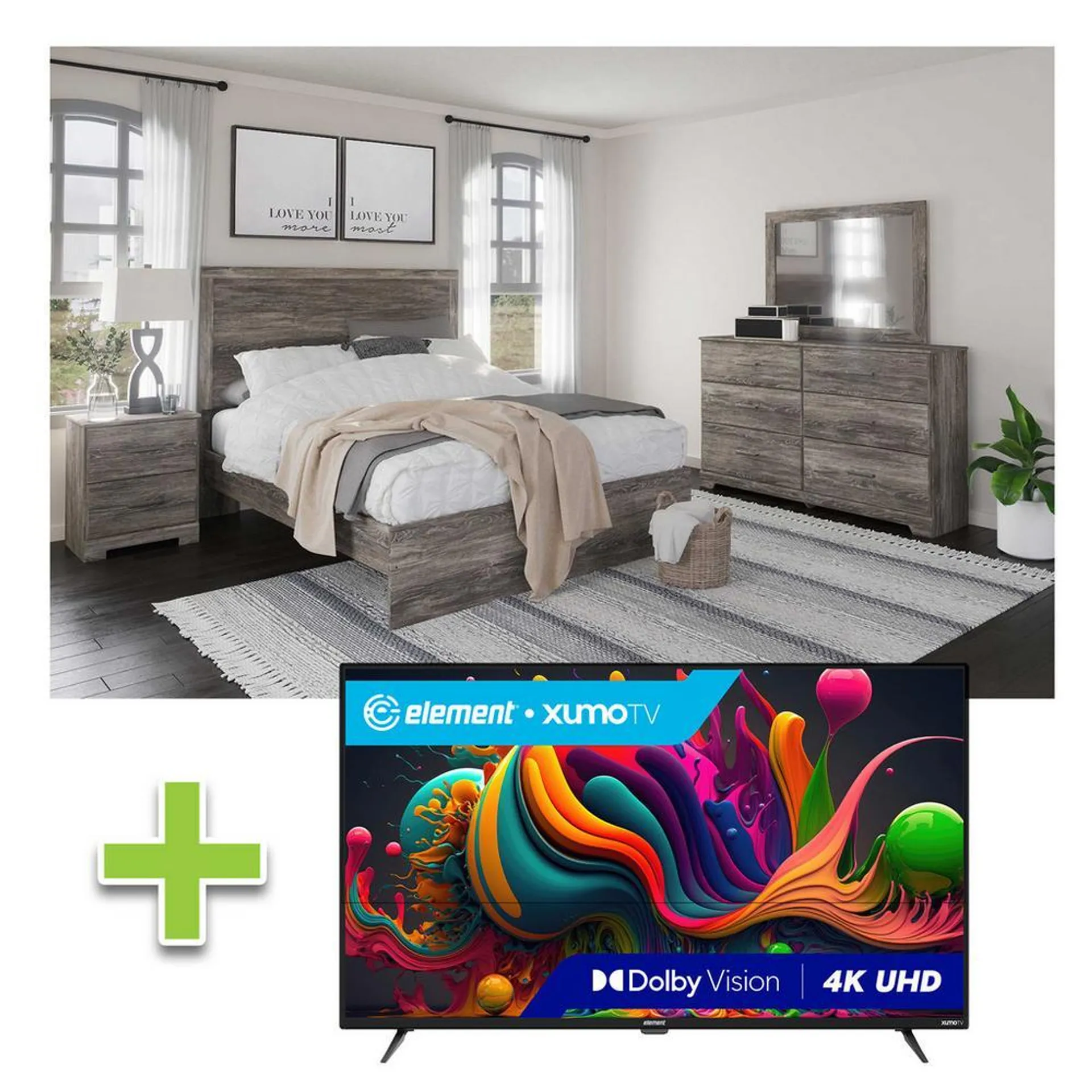 Juego de dormitorio tamaño queen Ralinski de 6 piezas con televisor inteligente Element 4K UHD de 50" con Xumo TV