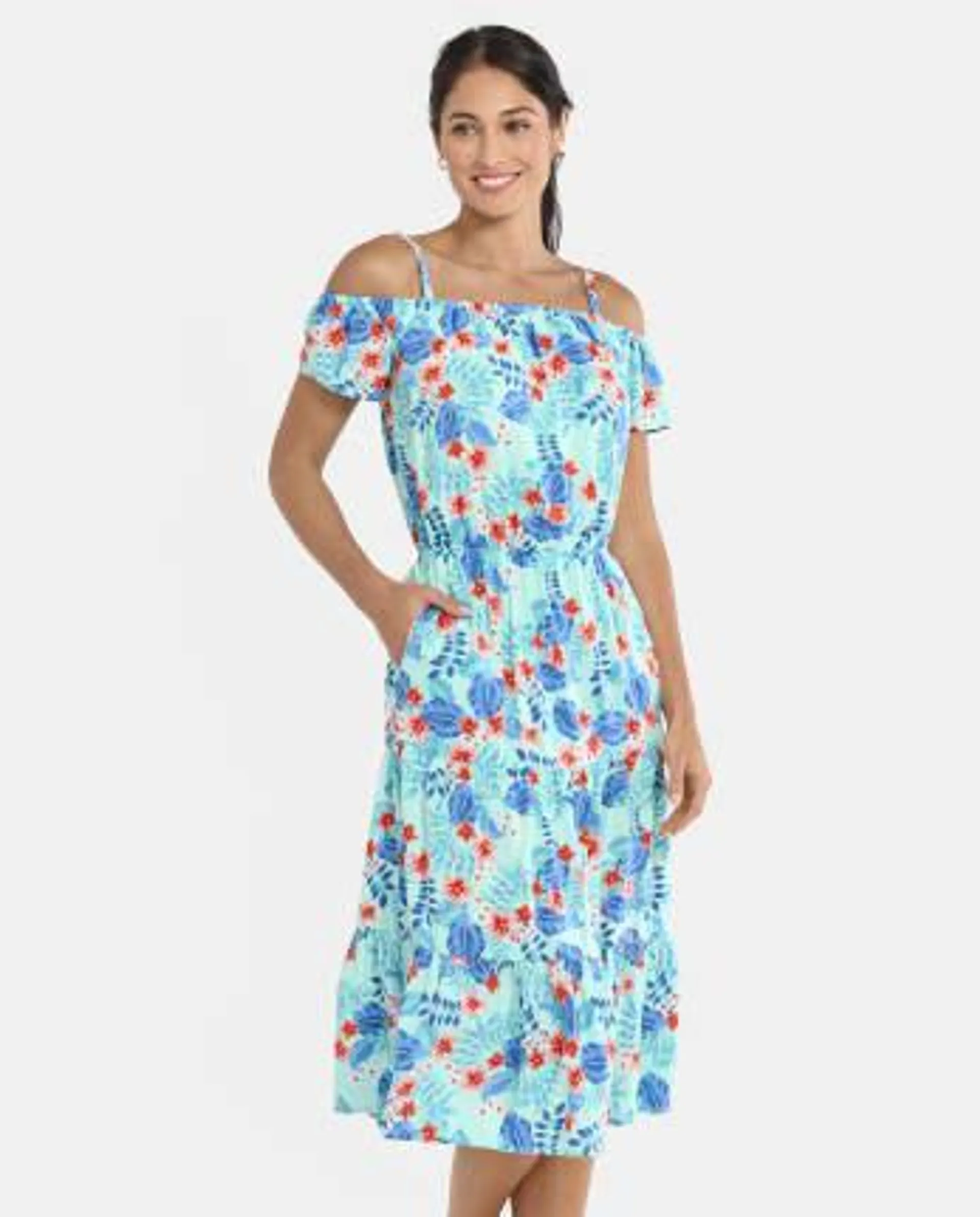 Vestido escalonado tropical familiar a juego para mujer - mellow aqua