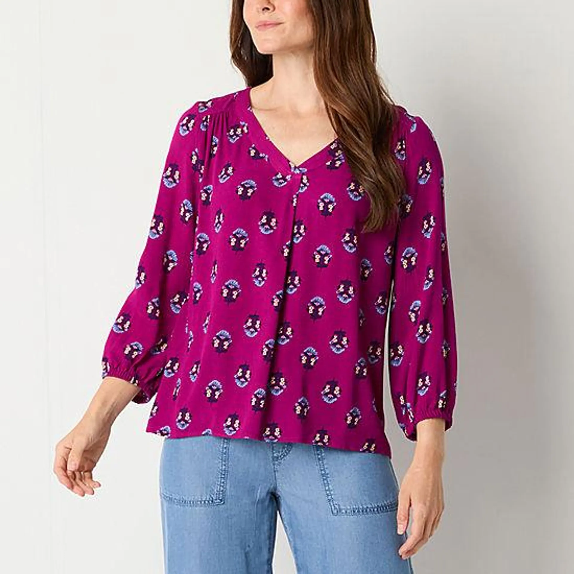 St. John's Bay Womens V Neck 3/4 Sleeve Blouse