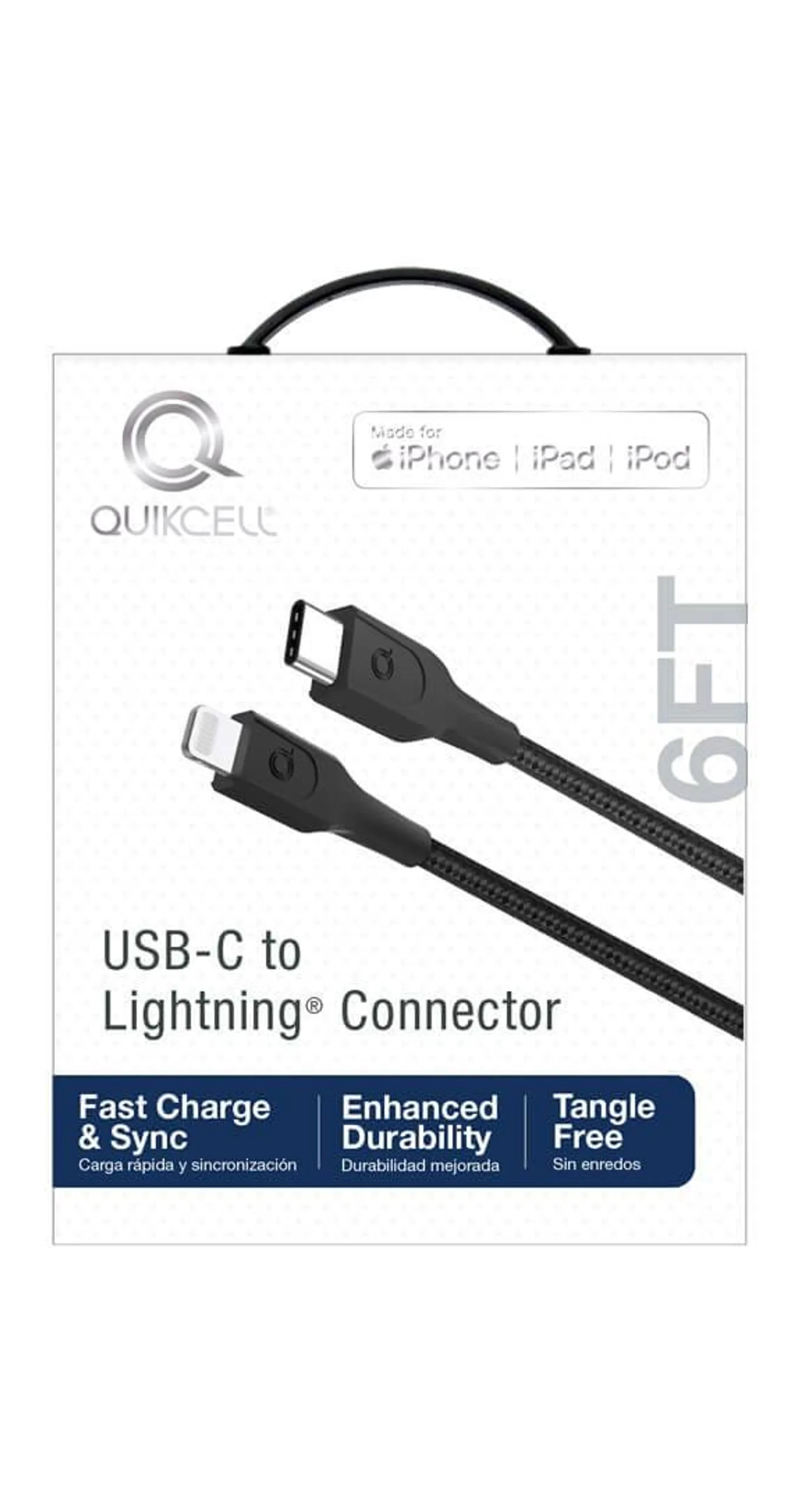 CABLE DE CARGA Y SINCRONIZACIÓN Lightning MFi Quikcell para USB-C- de 6 pies - Negro