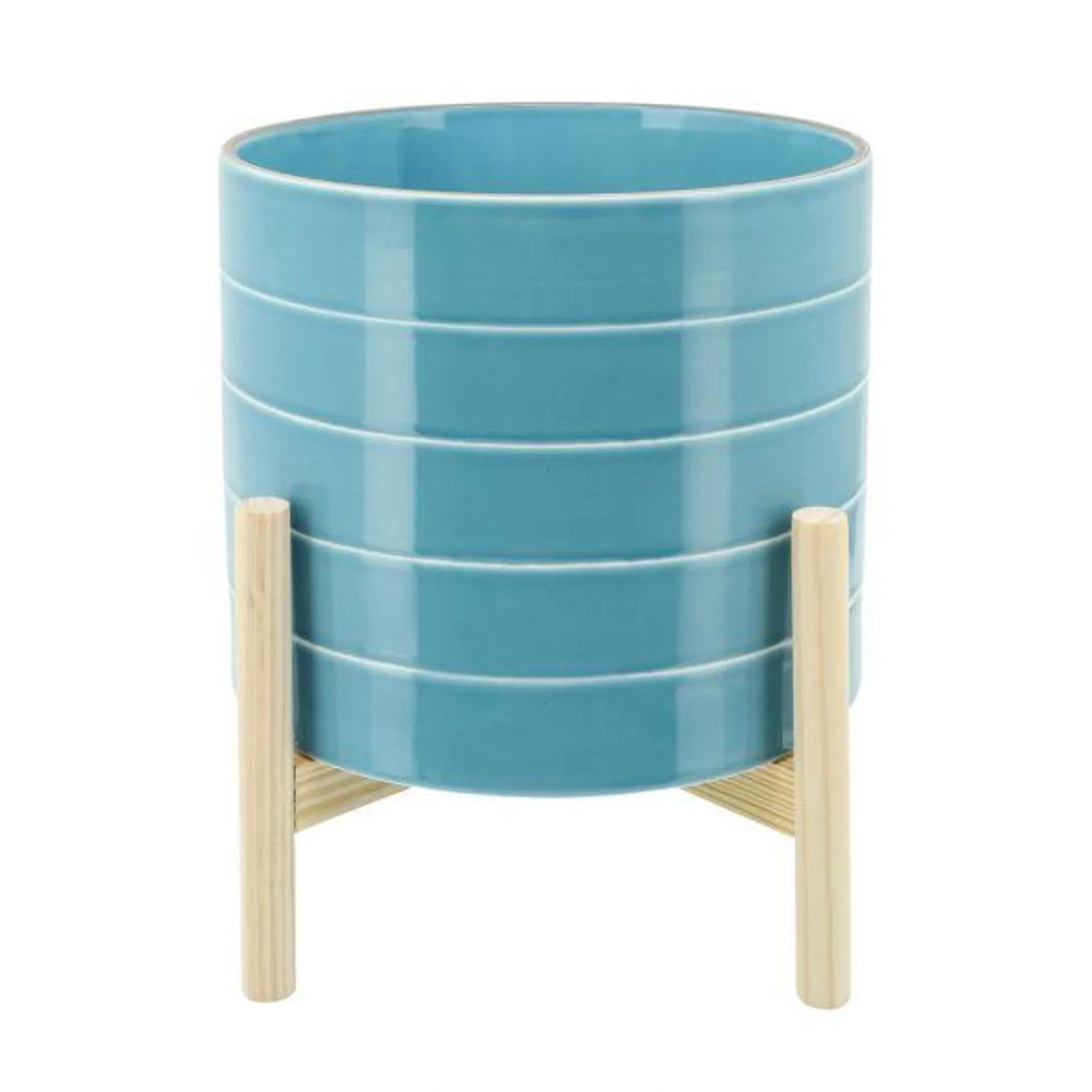 Sagebrook Home 10" Contemporary Ceramic Striped Planter with Wood Stand, Sky Blue