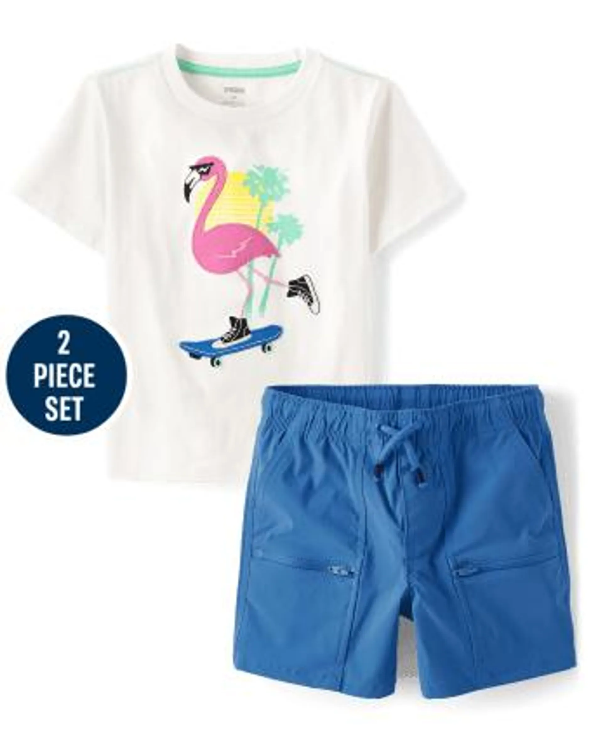 Boys Embroidered Flamingo 2-Piece Outfit Set - Little Classics - multi clr