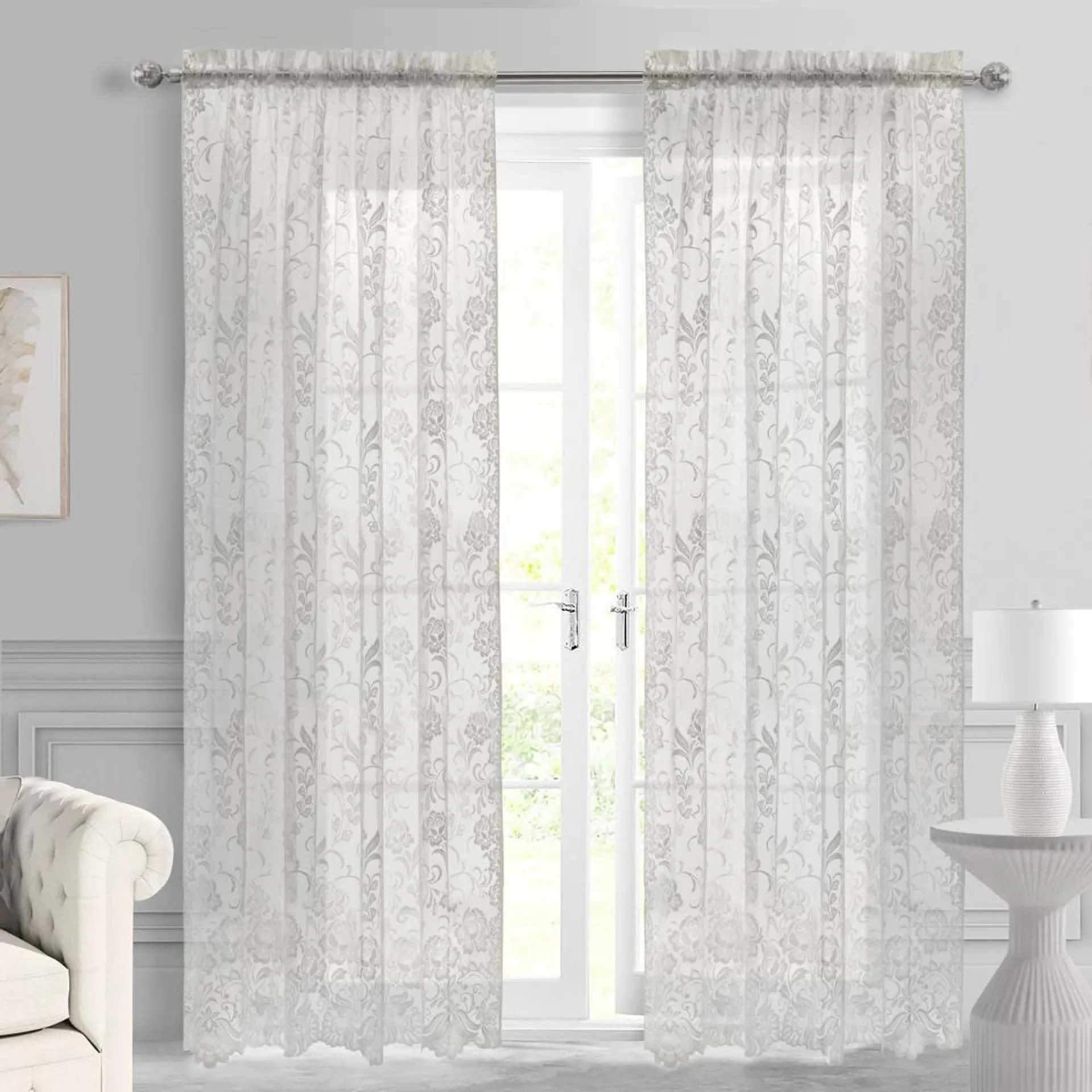 Habitat™ Habitat Limoges Sheer Rod Pocket Timeless and Naturalistic Floral Designs Curtain Panel White