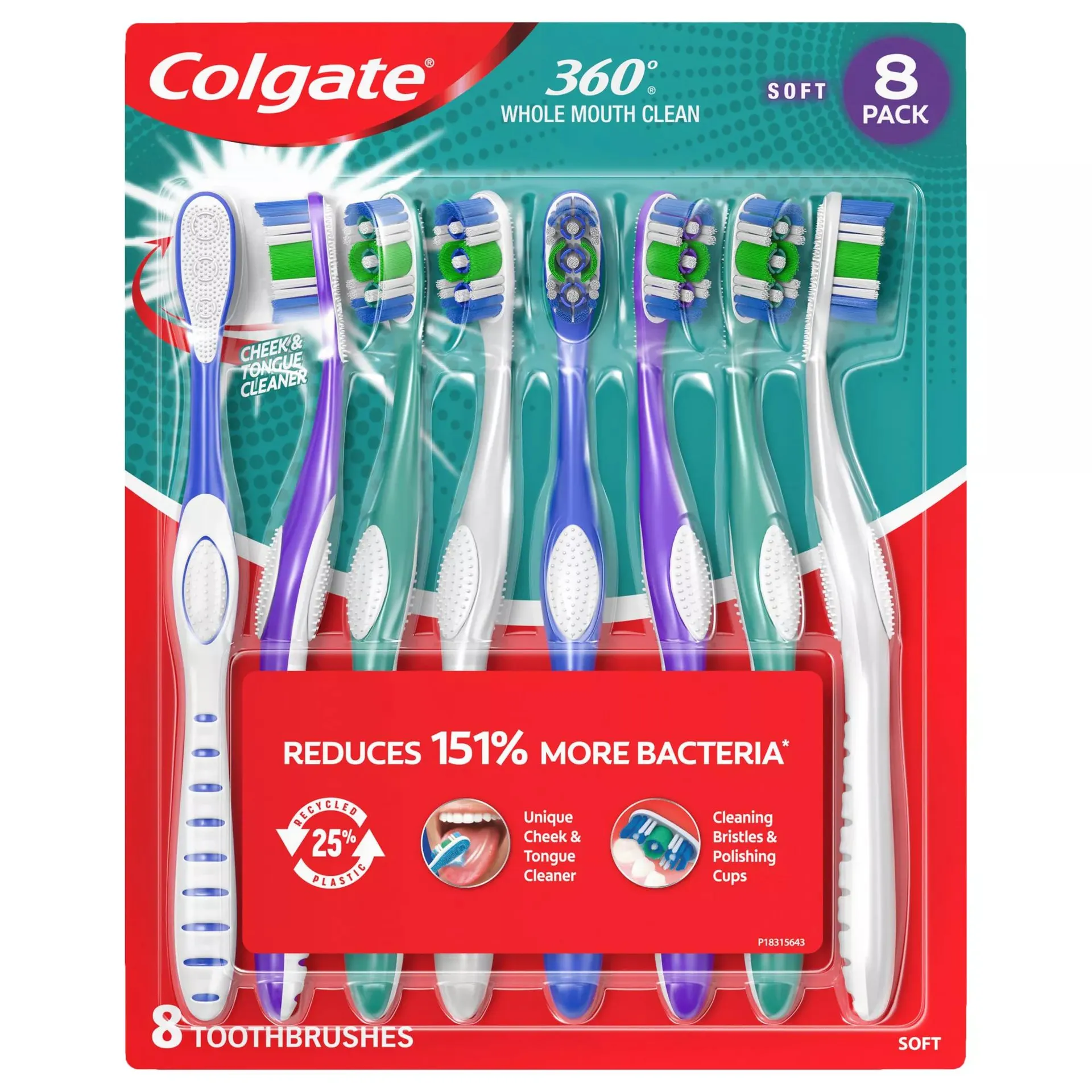 Colgate 360 Whole Mouth Clean Manual Toothbrush, Adult Soft Toothbrushes, 8 pk.