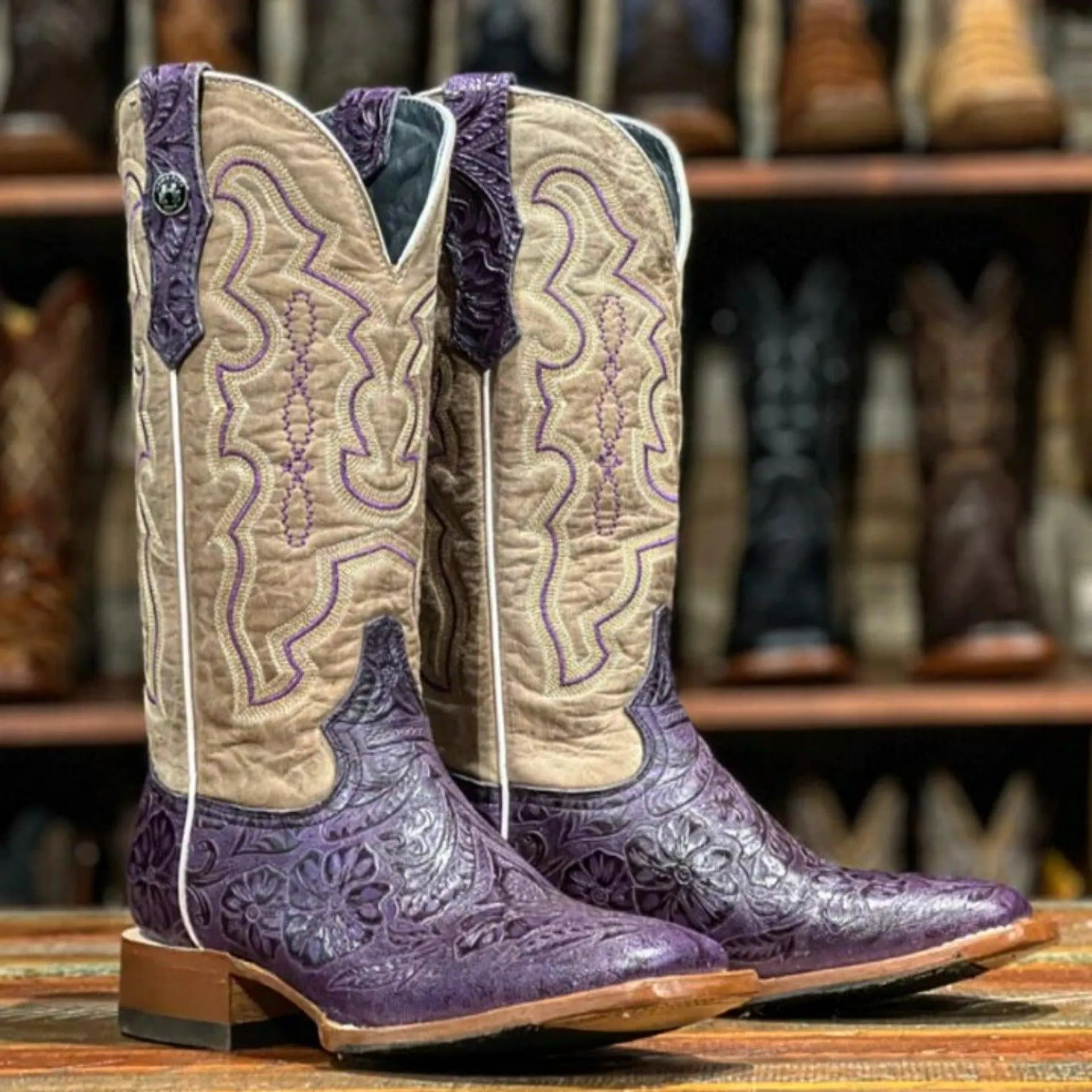 Tanner Mark Women's Hand Tooled Square Toe Leather Boots Grape