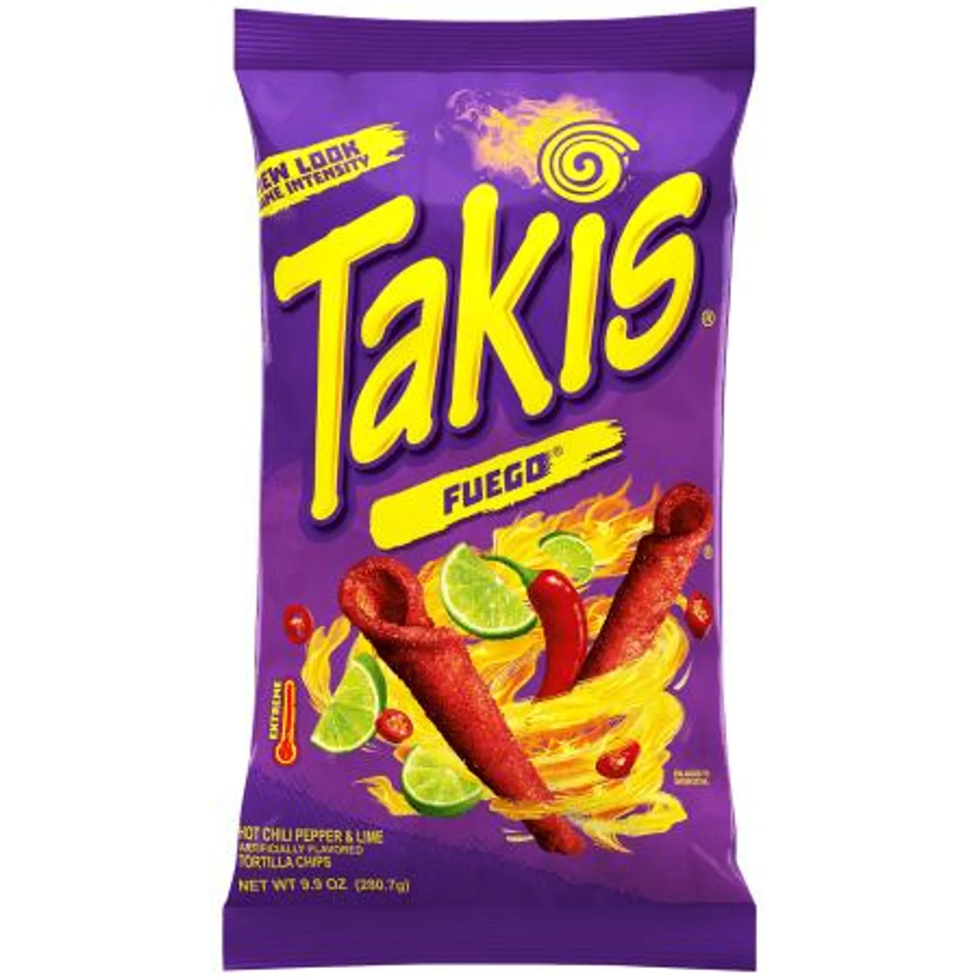 Takis Fuego Rolled Tortilla Chips, Hot Chili Pepper And Lime Artificially Flavored, 9.9oz Bag