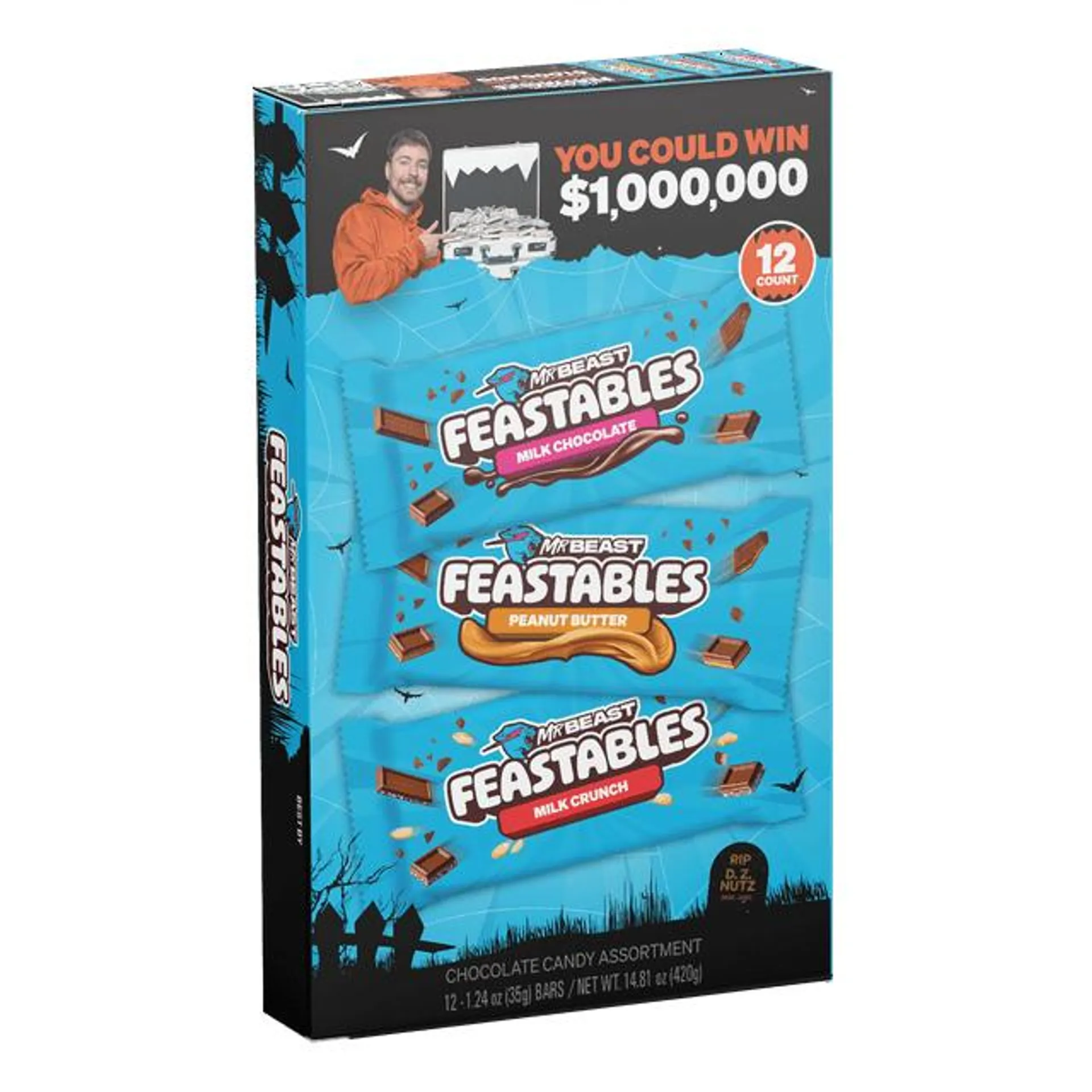 Feastables MrBeast Halloween Candy Bar Box, Milk Chocolate, Crunch, and Peanut Butter, 12 Pack 35g Bars