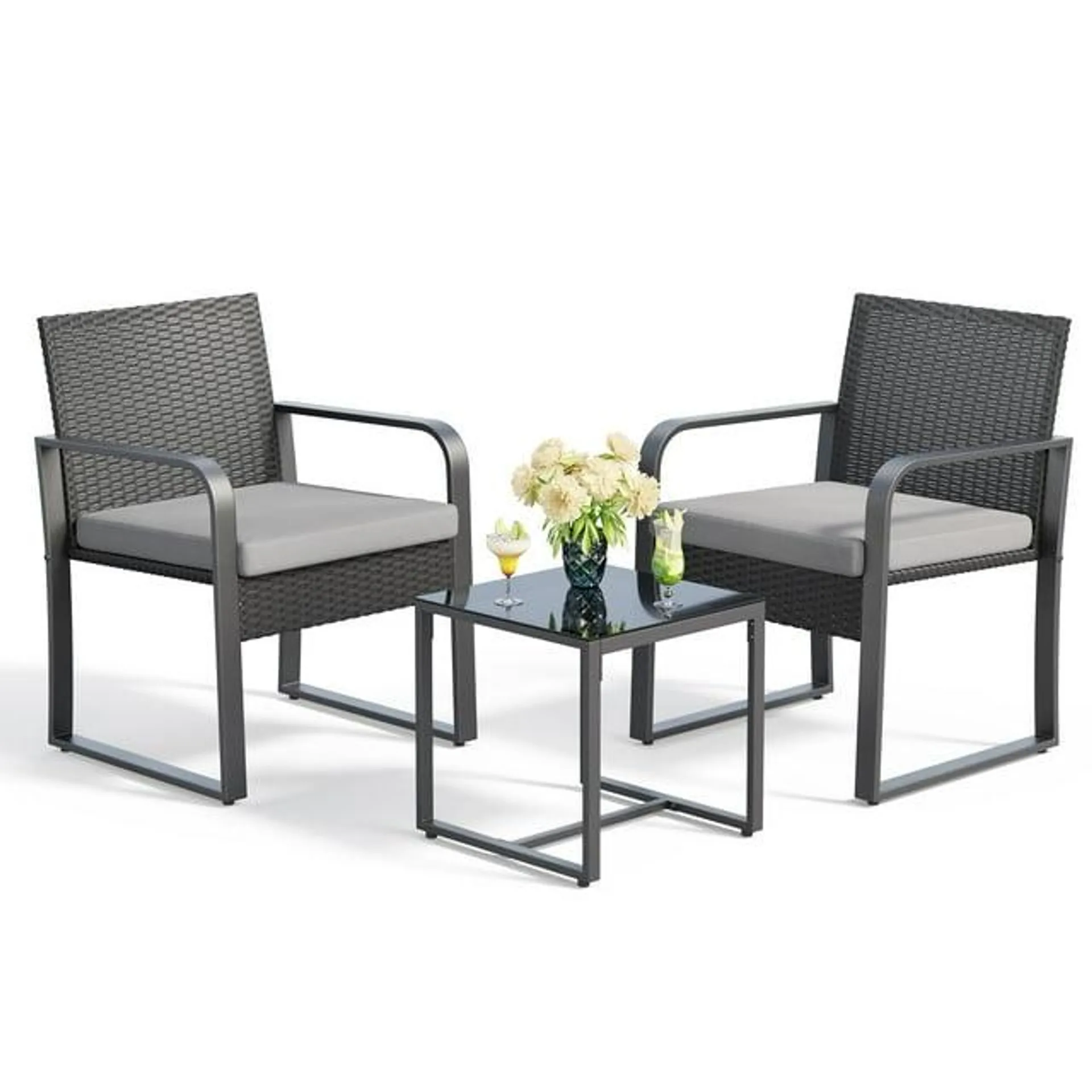 Lofka 3-Piece Patio Chairs Set with Glass Coffee Table, Outdoor Rattan Furniture Set for Garden, Porch, Bistro, Yard, GrayCushion