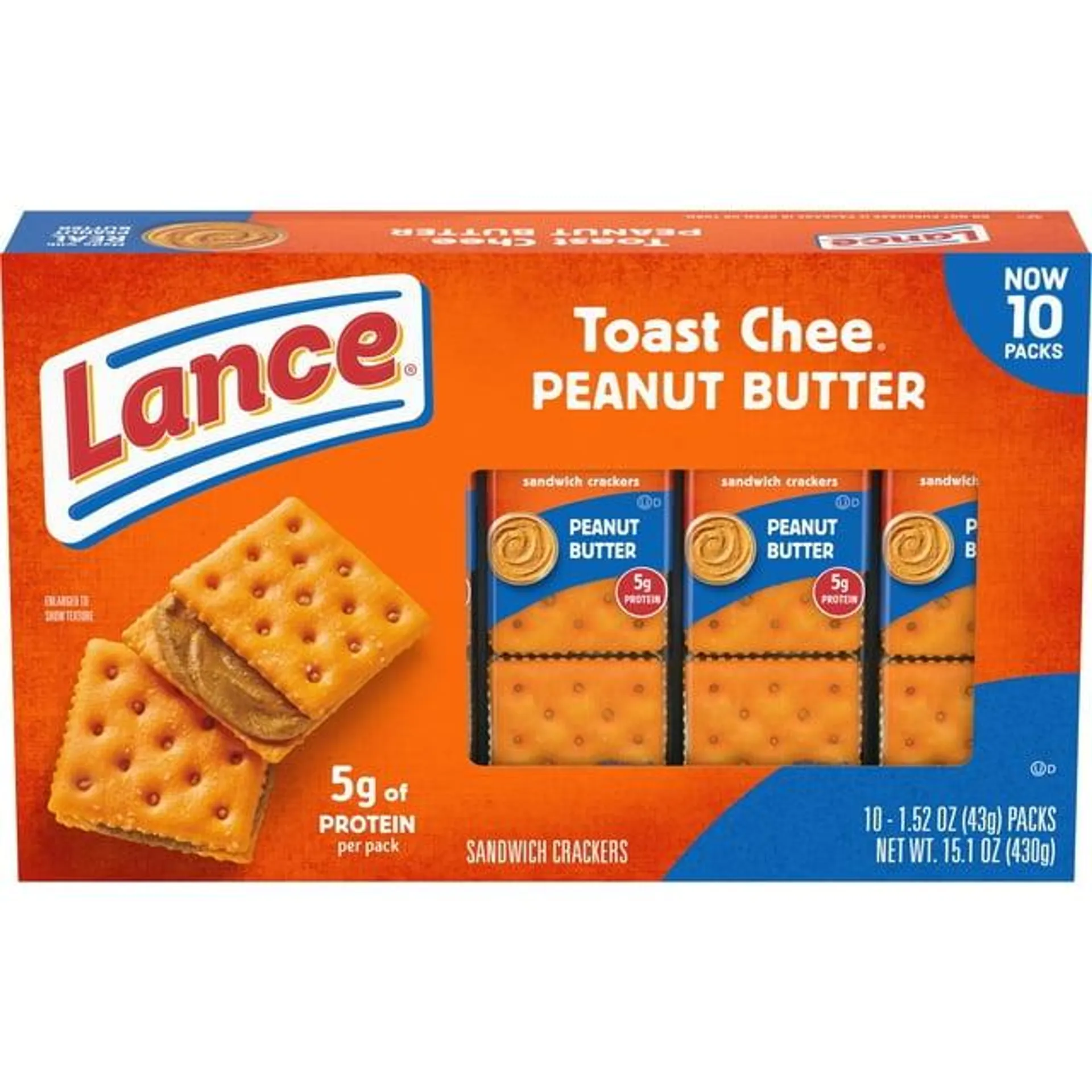 Lance Sandwich Crackers, ToastChee Peanut Butter, 10 Individual Packs, 6 Sandwiches Each