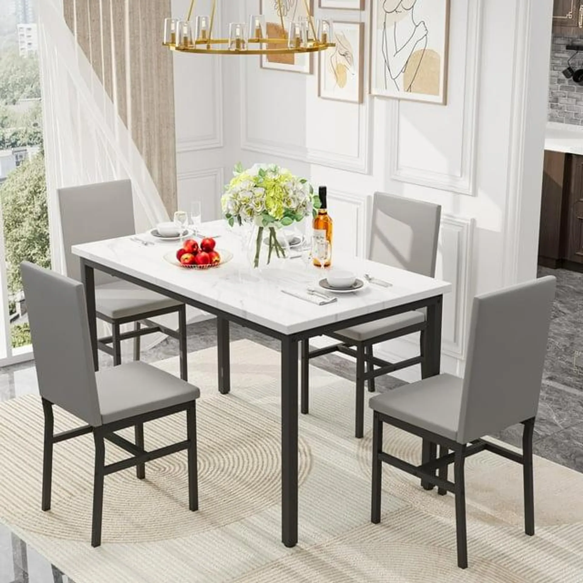 PAPROOS Dining Table Set for 4, Modern 5-Piece Kitchen Table Set with Faux Marble Top and Velvet Upholstery Chairs, Heavy Duty Dinette Sets for Breakfast Nook, Dining Room Table and Chairs, Gray