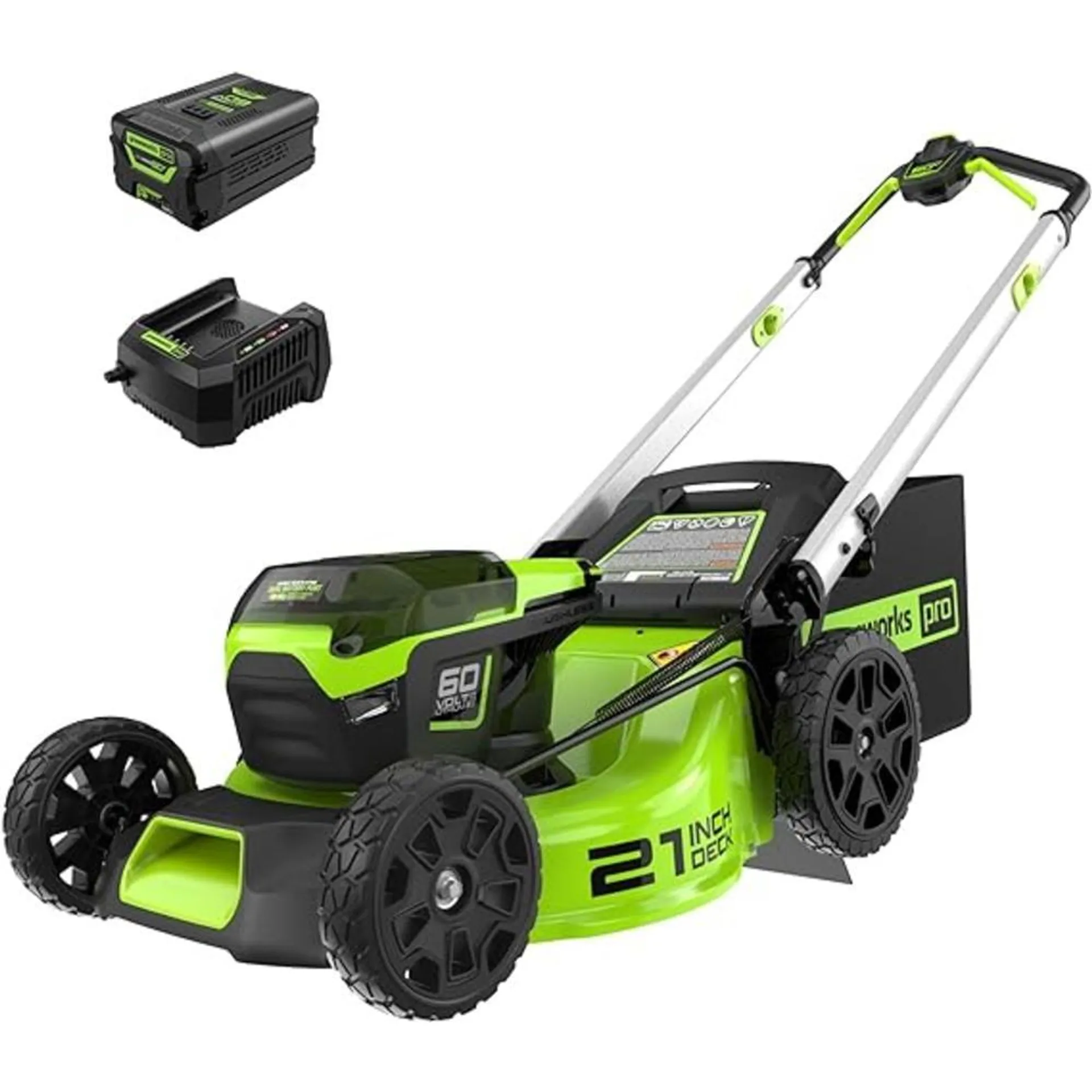 Greenworks 60V 21” Cordless (Push) Lawn Mower (LED Lights + Aluminum Handles), 5.0Ah Battery and Rapid Charger