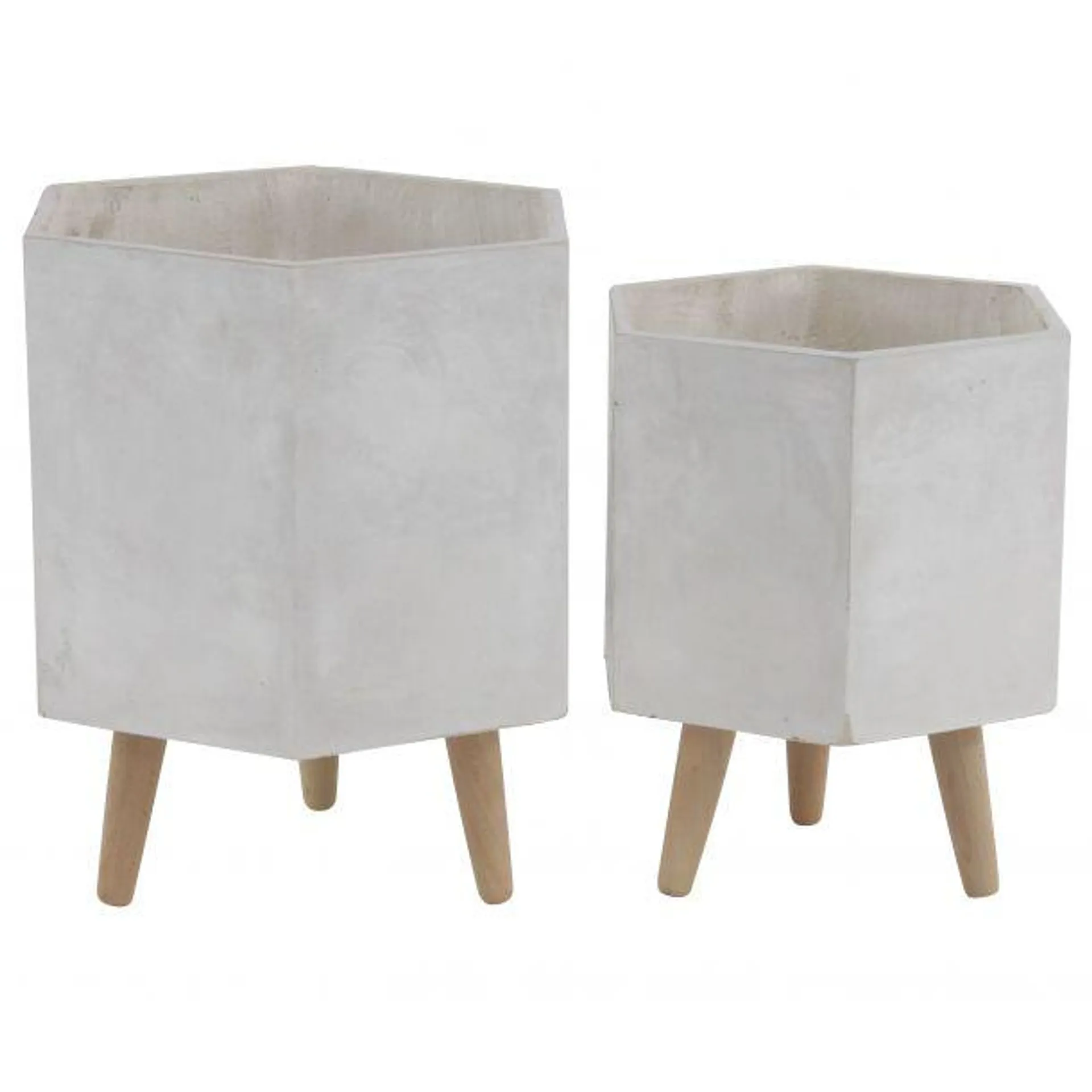 CosmoLiving by Cosmopolitan Contemporary Hexagonal Ceramic Planter with Wood Legs (Set of 2) - White