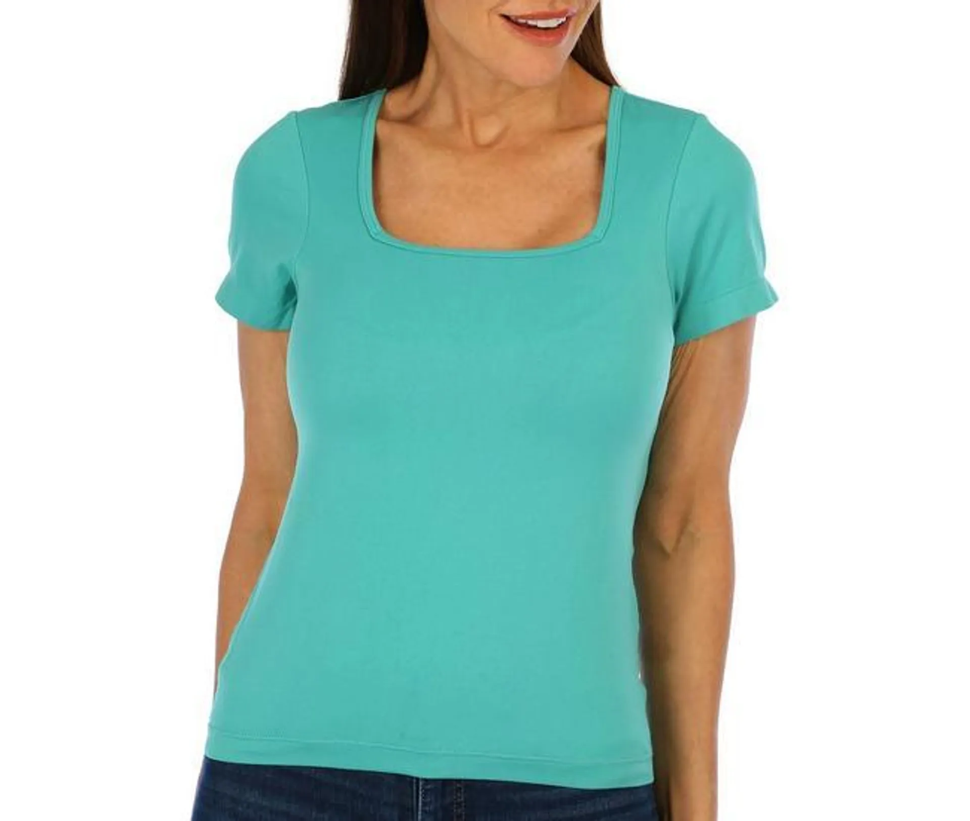 Womens Solid Square Neck Short Sleeve Top