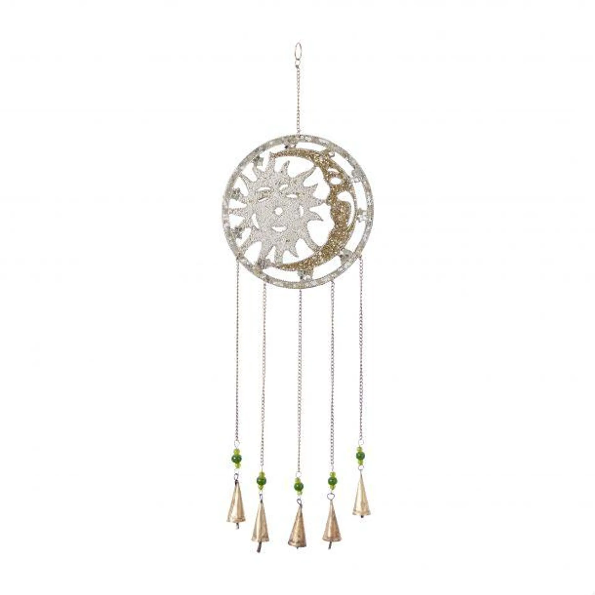 Marisol + Daisy Eclectic 31" Metal Embellished Moon and Sun Wind Chime with Glass Beads and Bells - Silver