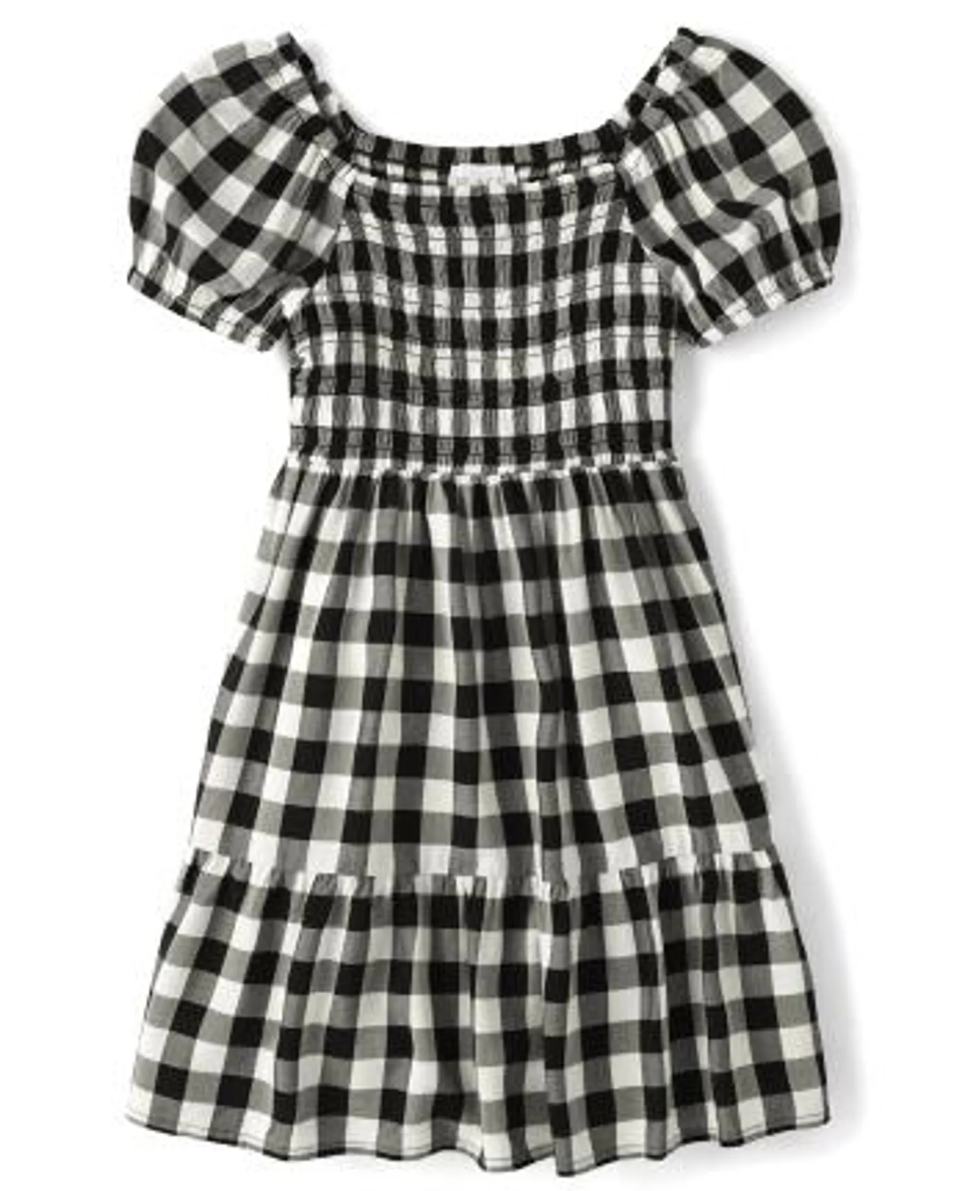 Girls Matching Family Gingham Smocked Ruffle Dress - black