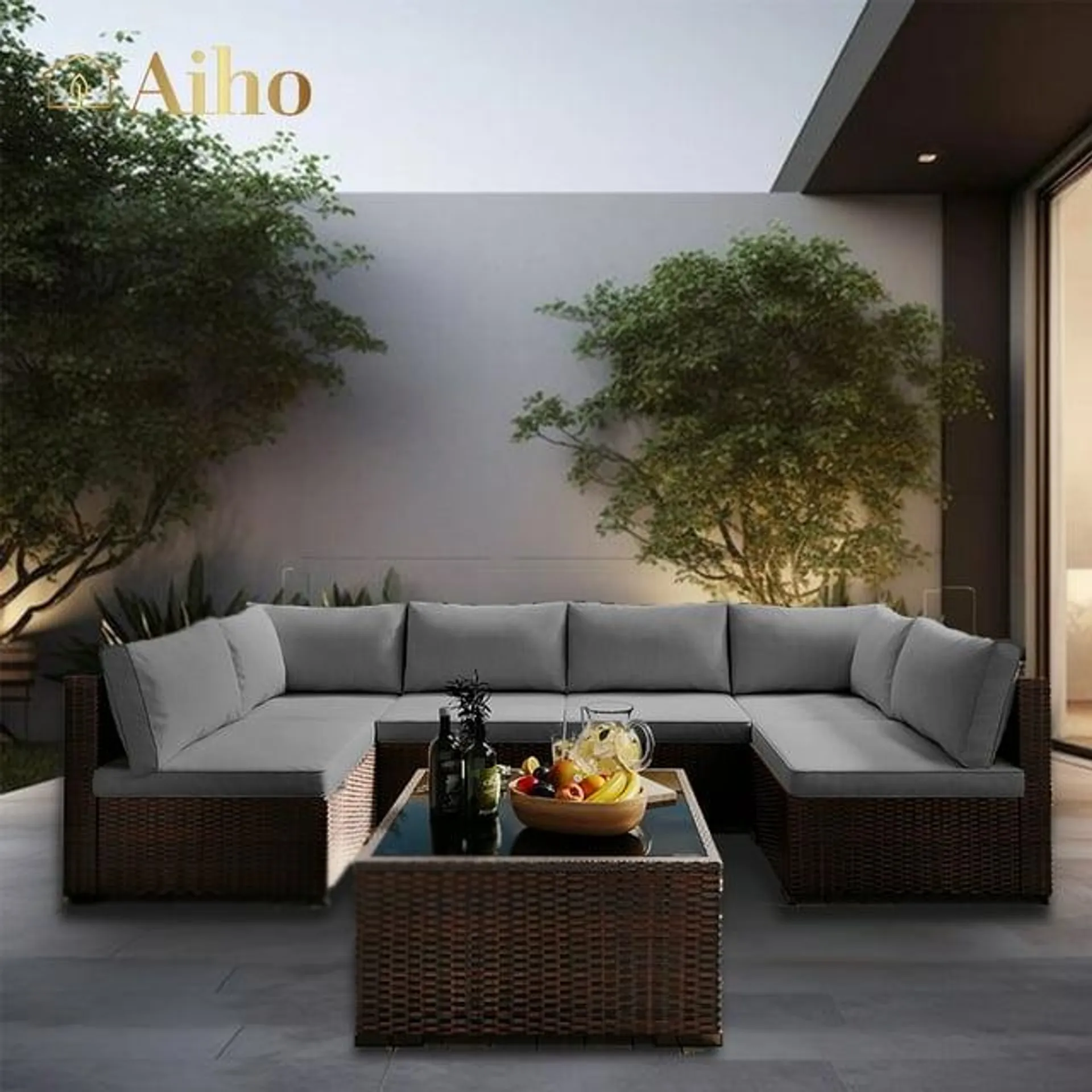 Aiho 7 Piece Rattan Patio Furniture Set , Outdoor Sectional Sofa for Backyard, Grey