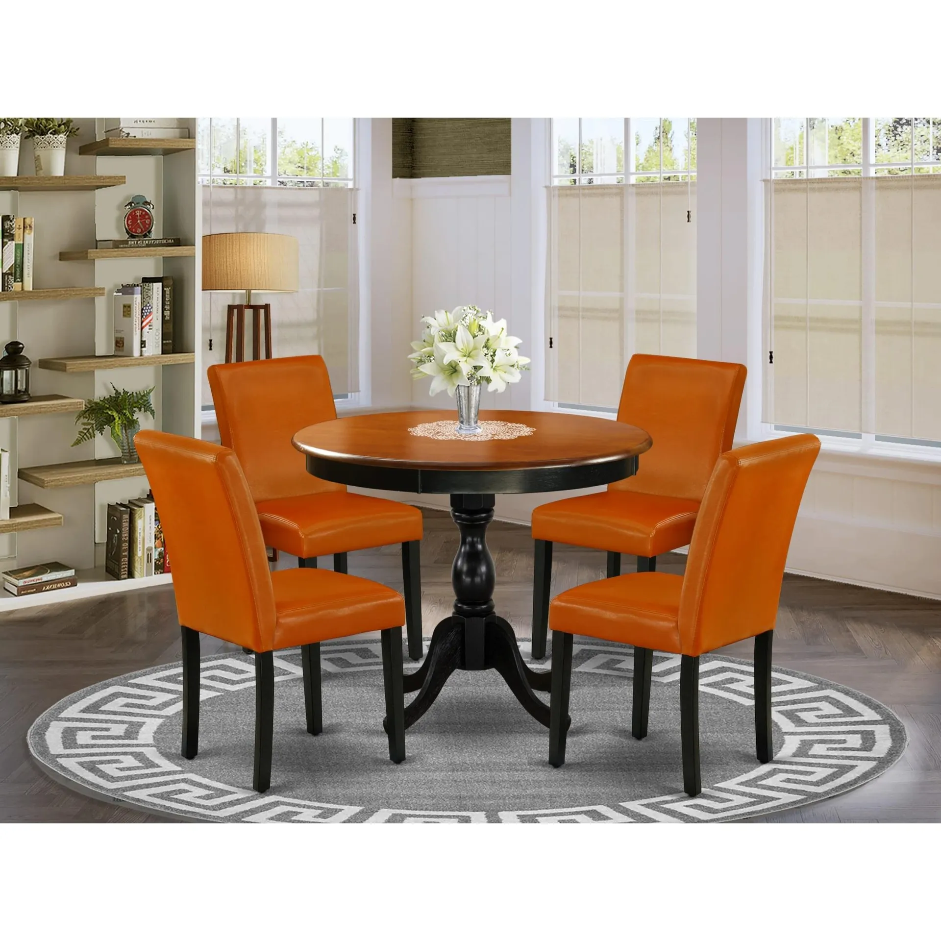 East West Furniture AMAB5-BCH-61 5-Pc Dining Room Set Includes a Round Dinning Table and 4 Baked Bean PU Leather Dinner Chairs with High Back - Bla