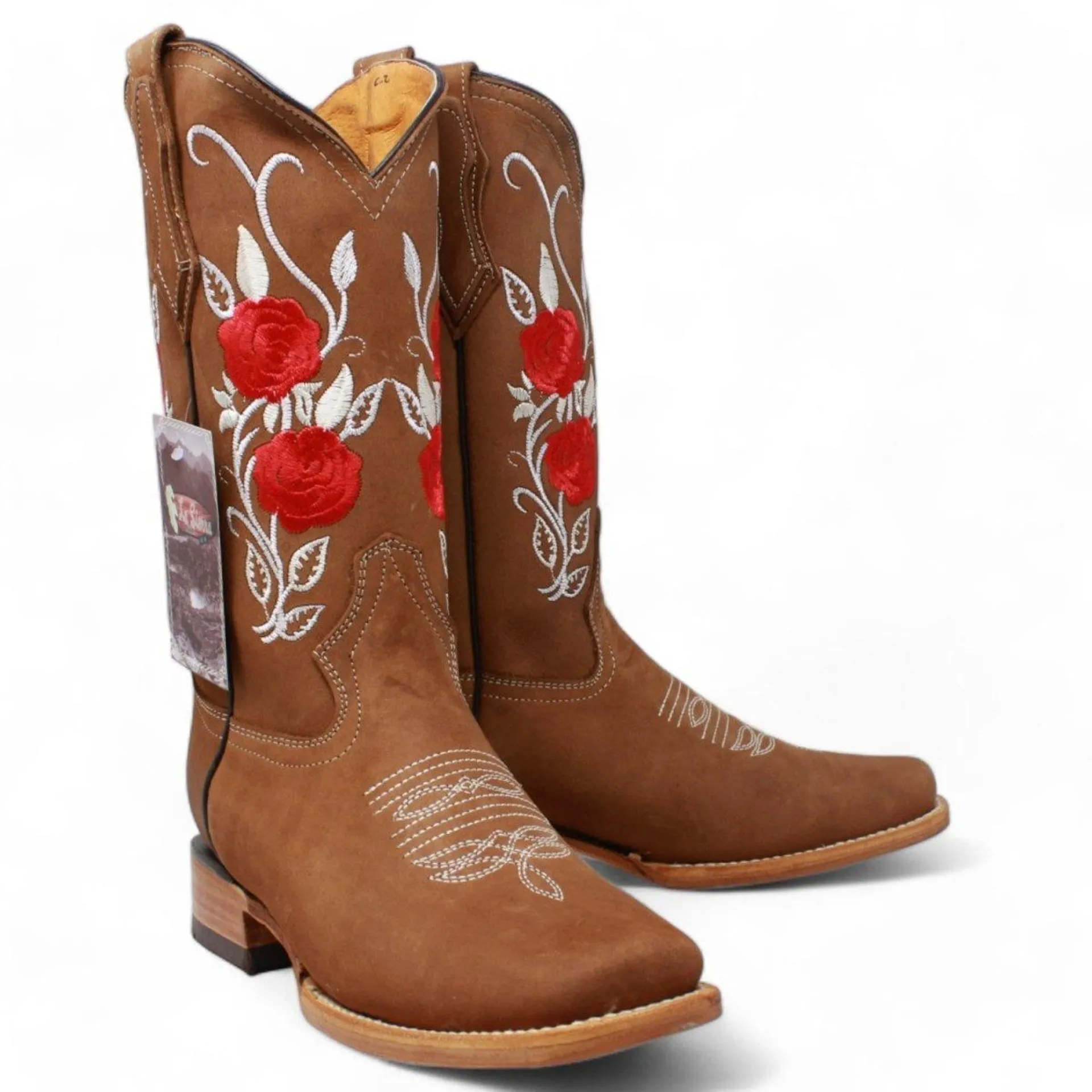 Botas de Gamuza para Dama Color Camel con Rosas Rojas