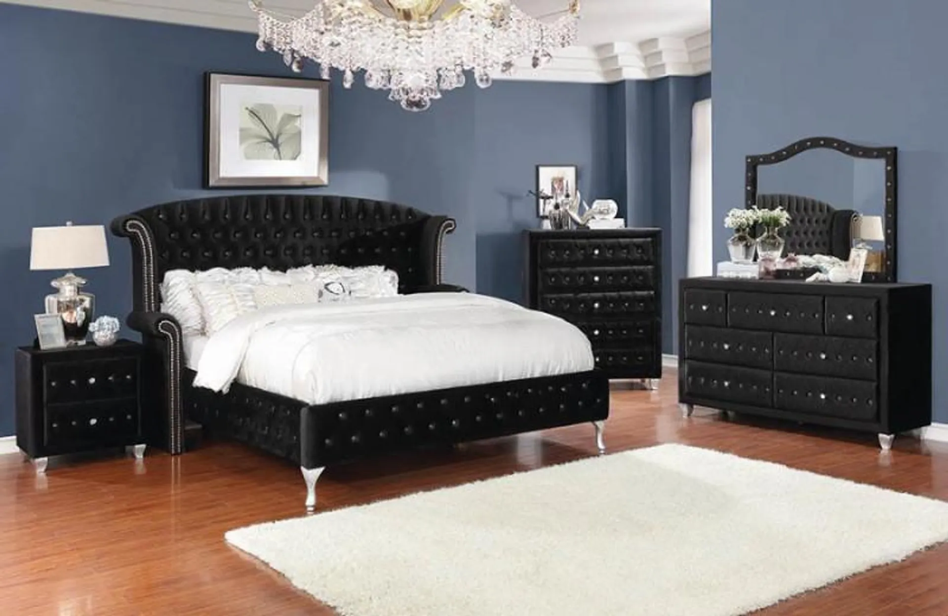 Coaster 206101Q 5 pc Deanna black velvet upholstered queen padded bed set