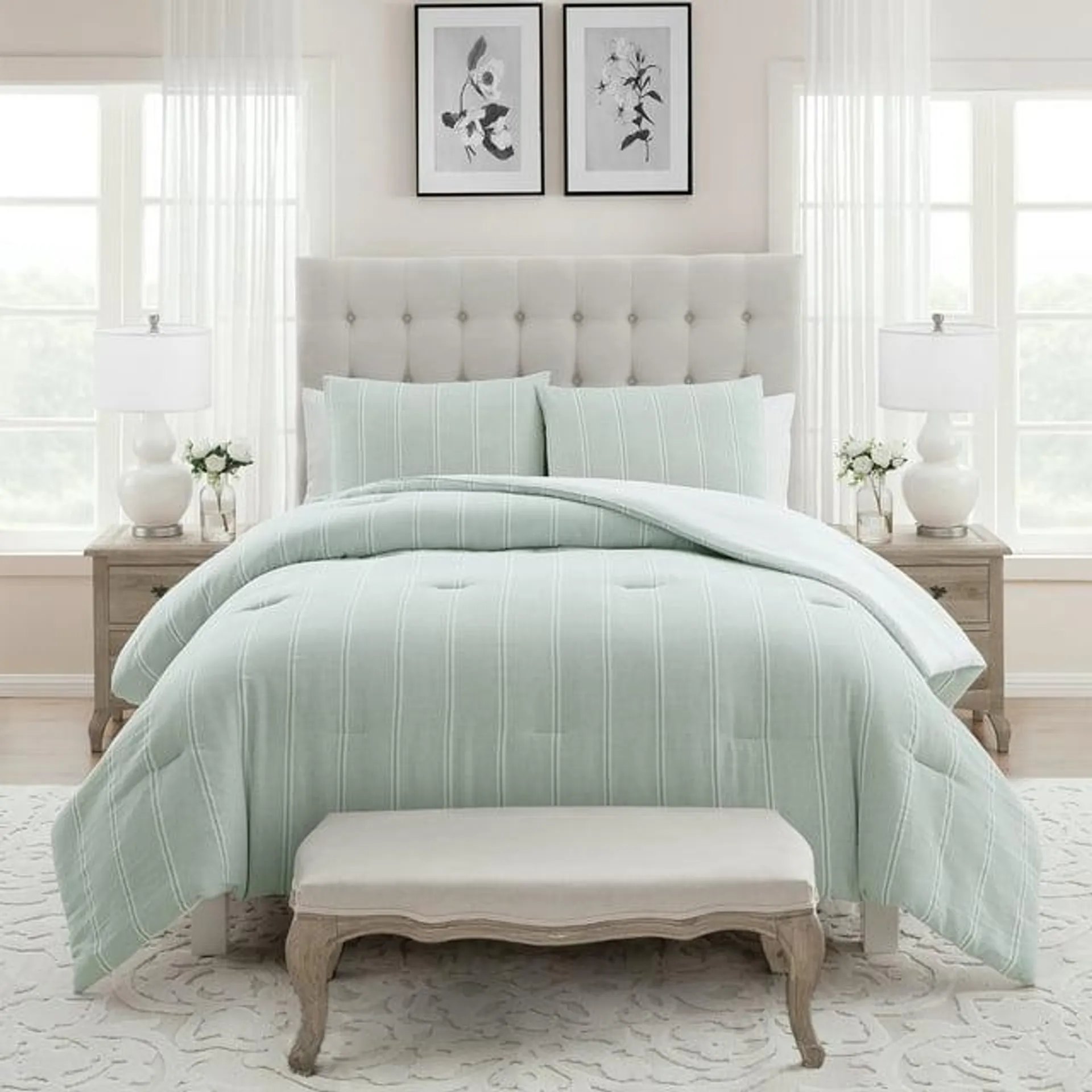 My Texas House Miray 3-Piece Green Stripe Cotton Jacquard Comforter Set, King