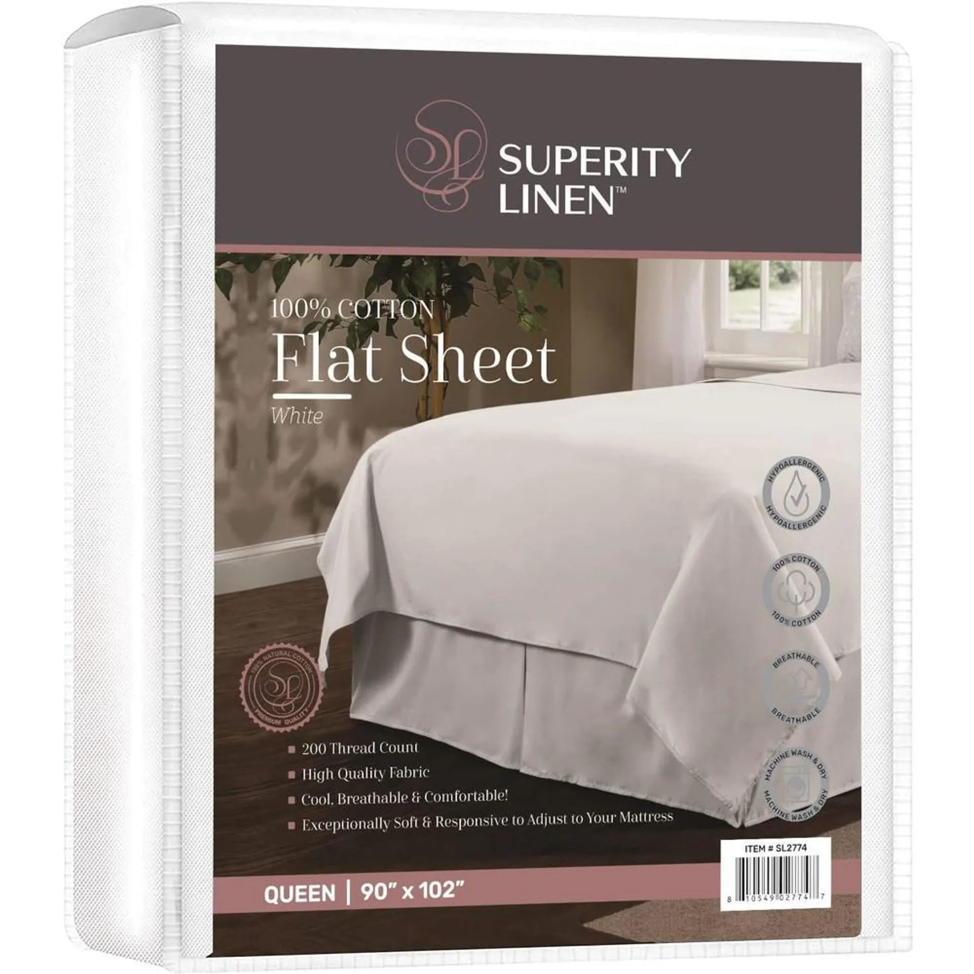 Superity Linen Cotton Flat Sheet White - Hypoallergenic and Breathable, Machine Wash and Dry White Flat Sheets