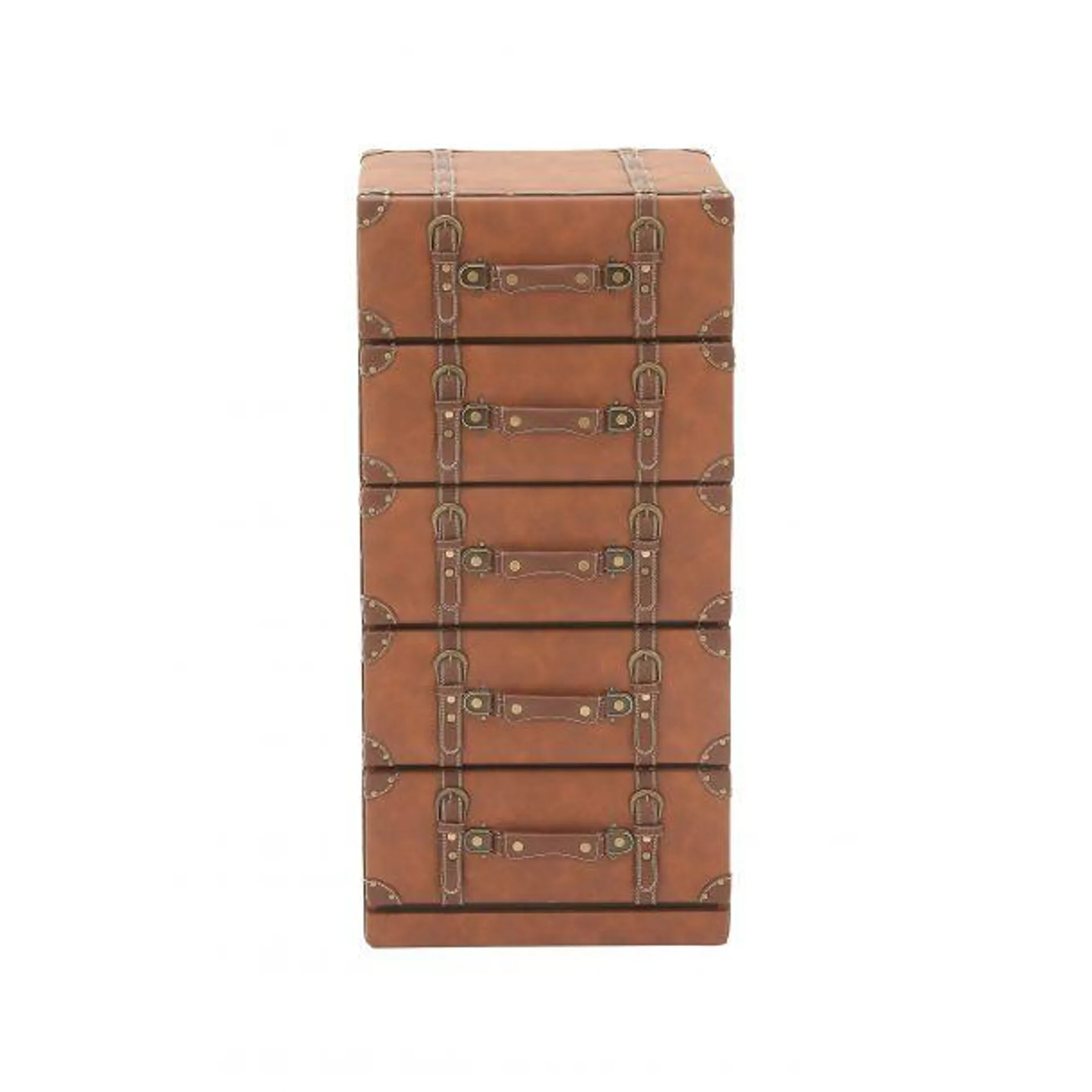 Traditional 16" Wood Faux Leather 5-Drawers Stacked Storage Chest with Buckles and Straps Detailing by Marisol + Daisy - Brown