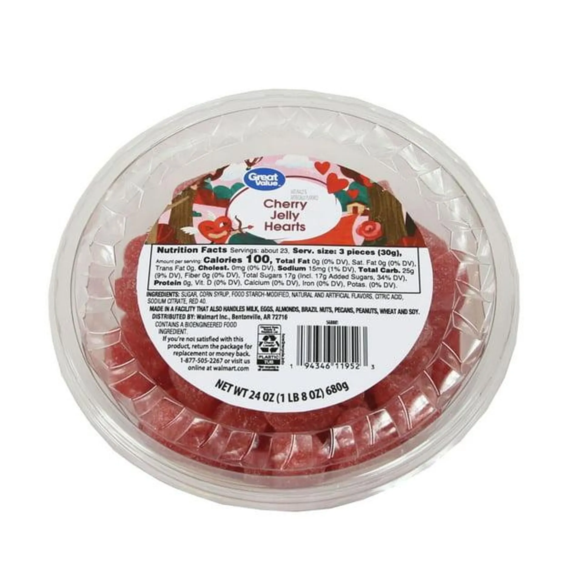 Great Value Cherry Jelly Hearts, Valentine Chewy Candy, 24 oz. Tub