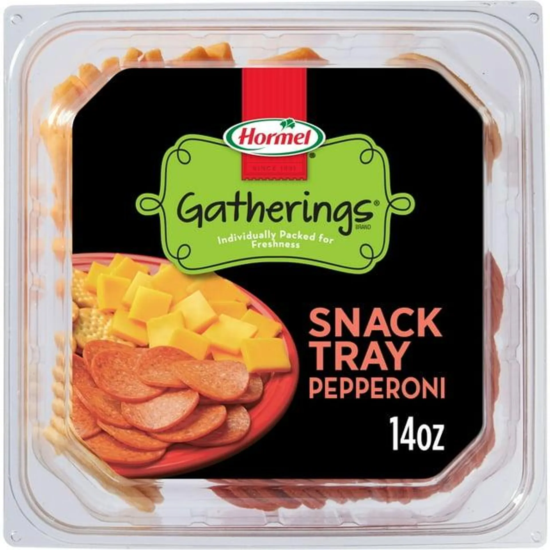 HORMEL GATHERINGS, Pepperoni with Cheese and Crackers, Deli Snack , Sliced, Plastic Tray 14oz