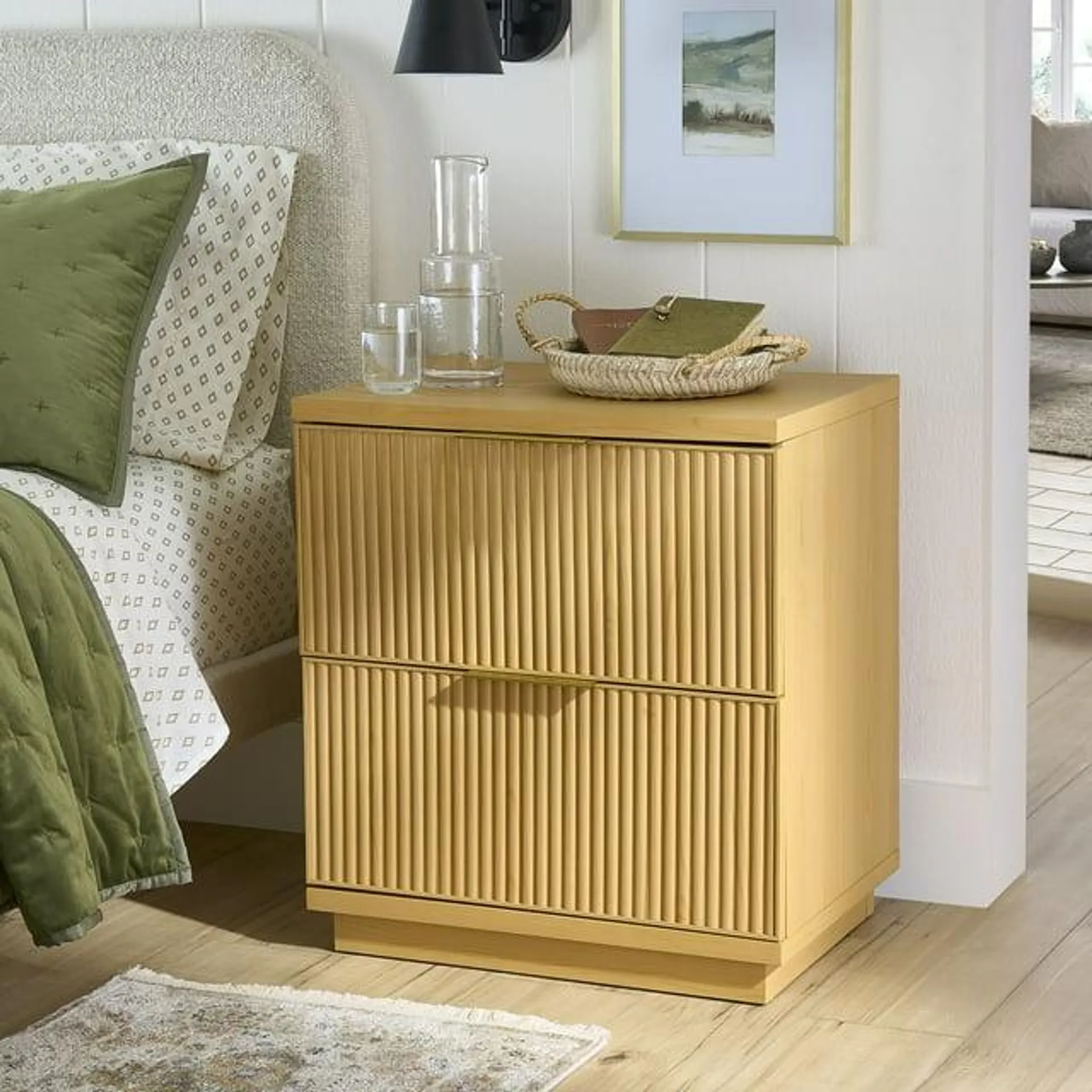 Better Homes & Gardens Lillian Fluted 2-Drawer Nightstand with USB, Natural Pine