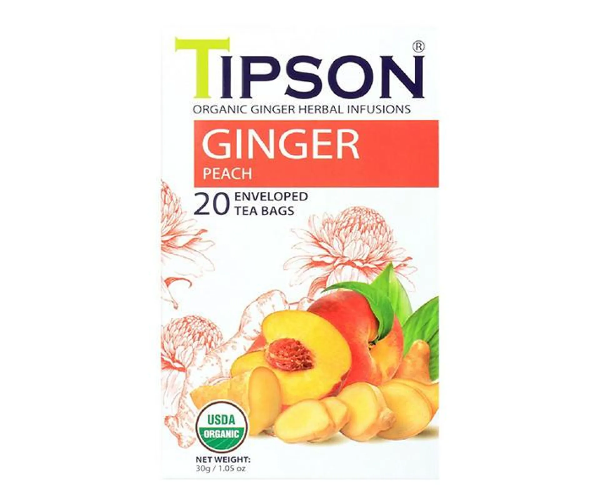 Ginger Peach Herbal Infusion Tea Bags, 25-Pack