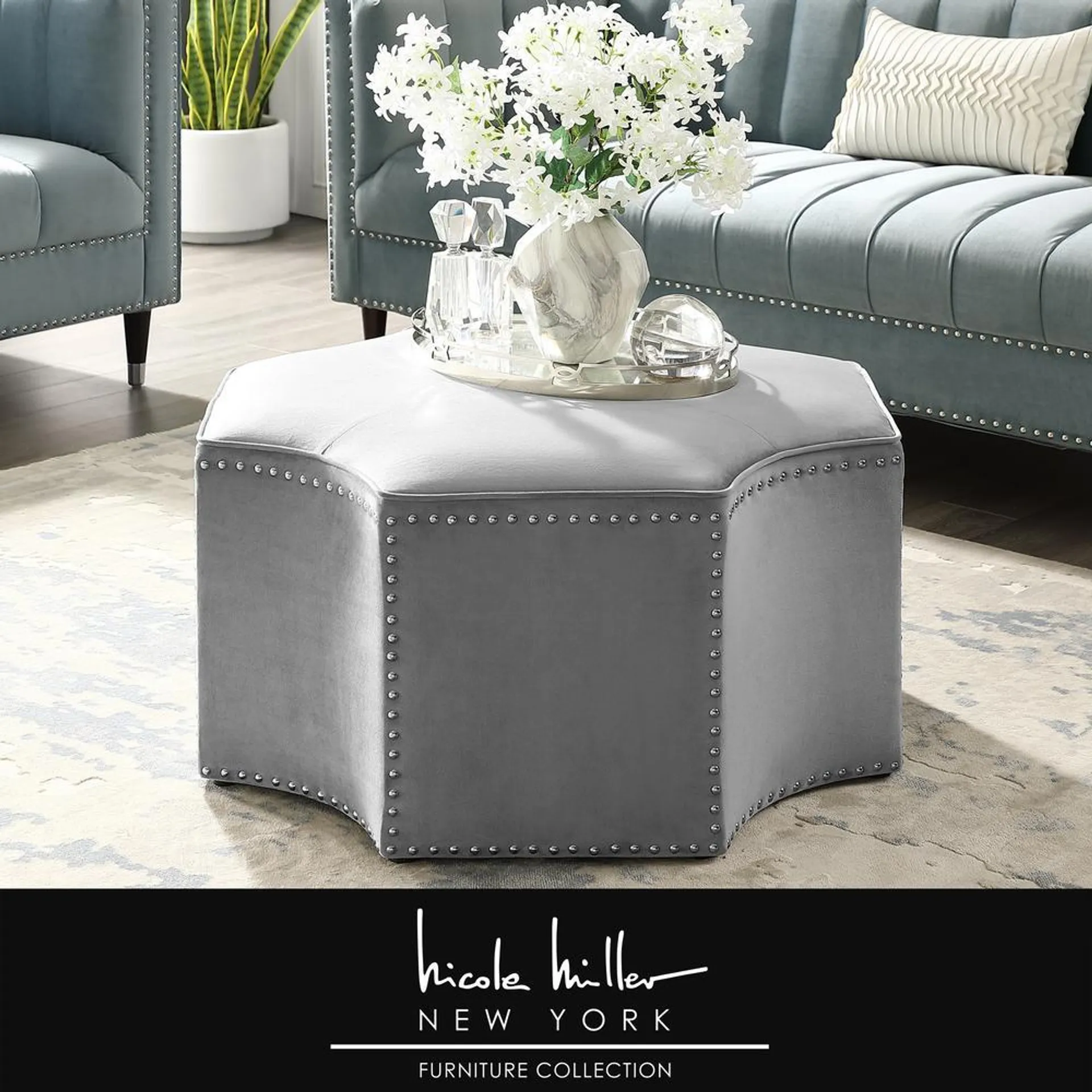 Nicole Miller Joziah Octagon Cocktail Ottoman Velvet