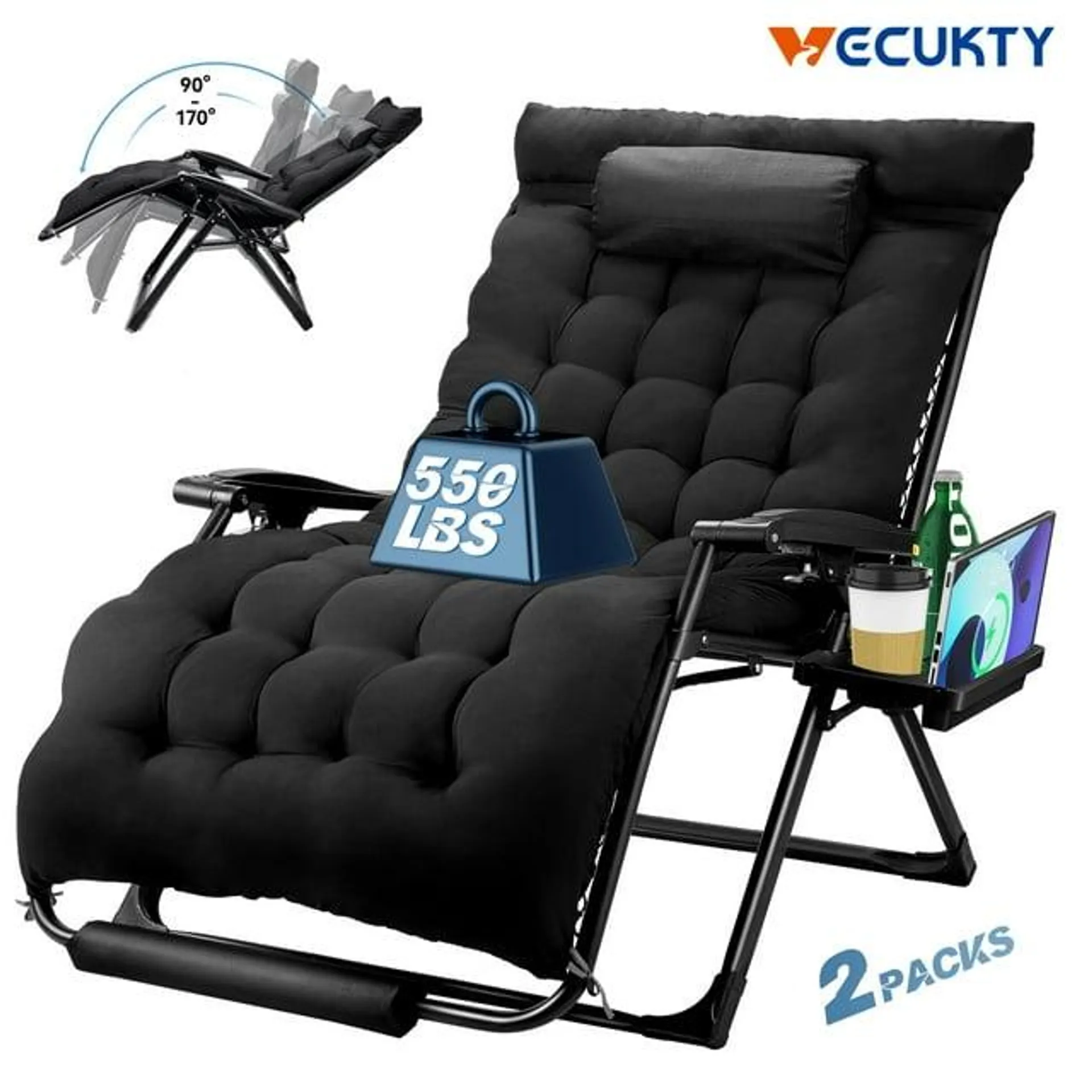 Zero Gravity Chair 2 Packs,VECUKTY Patio Lawn for Indoor and Outdoor Chairs ,550lbs Oversized XL 33IN Ergonomic Lounge Folding Reclining Chair,Black