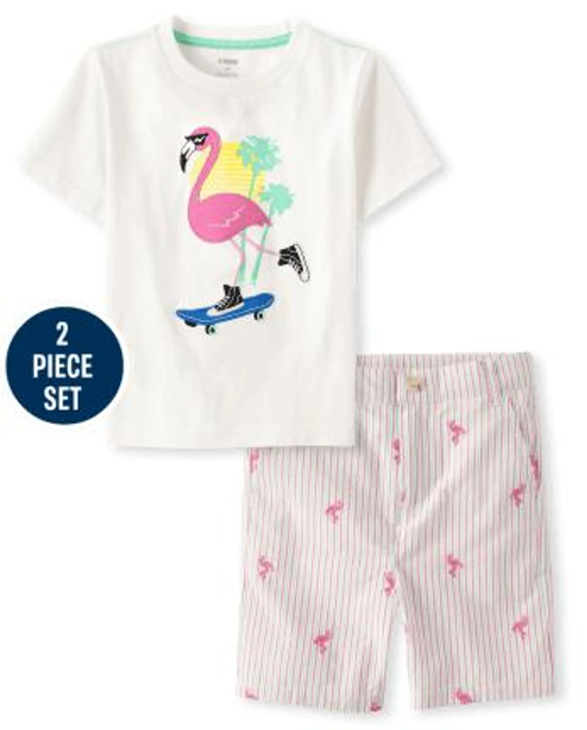 Boys Embroidered Flamingo Skateboard 2-Piece Outfit Set - Seaside Palms - multi clr