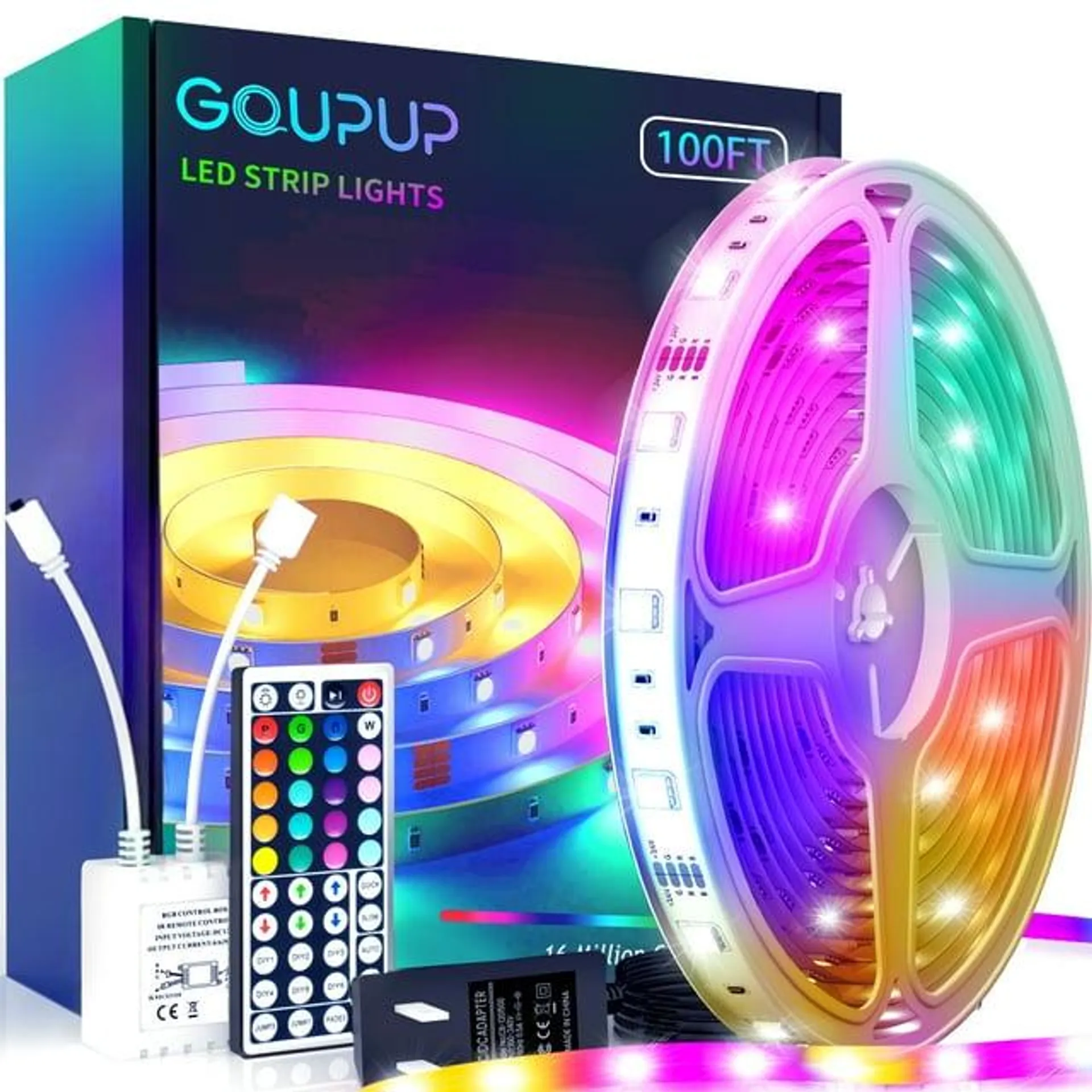 GUPUP LED Strip Lights,100ft Color Changing Lights with 44 Key IR Remote and 24V Power Supply,Safe for Indoor Decor