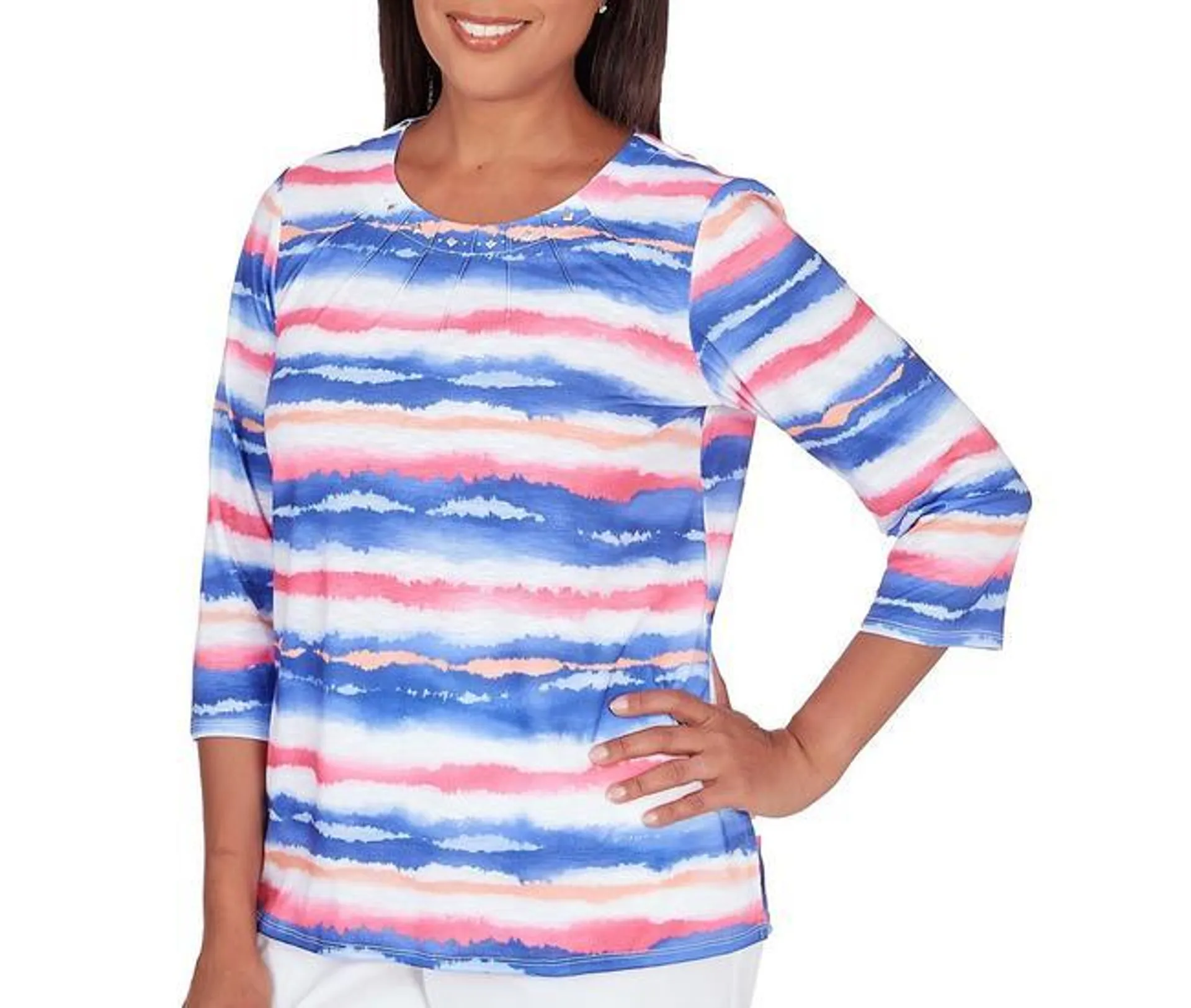 Womens Watercolor Stripe Pleated Neck Top