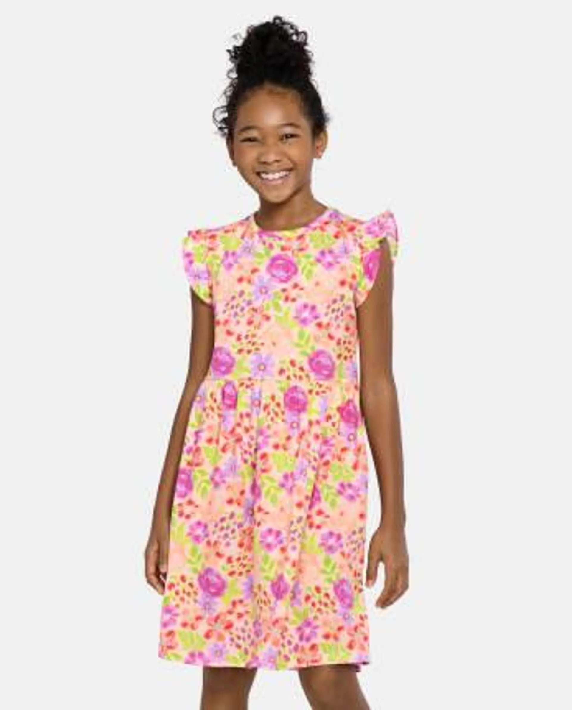 Girls Floral Flutter Dress - rosebud