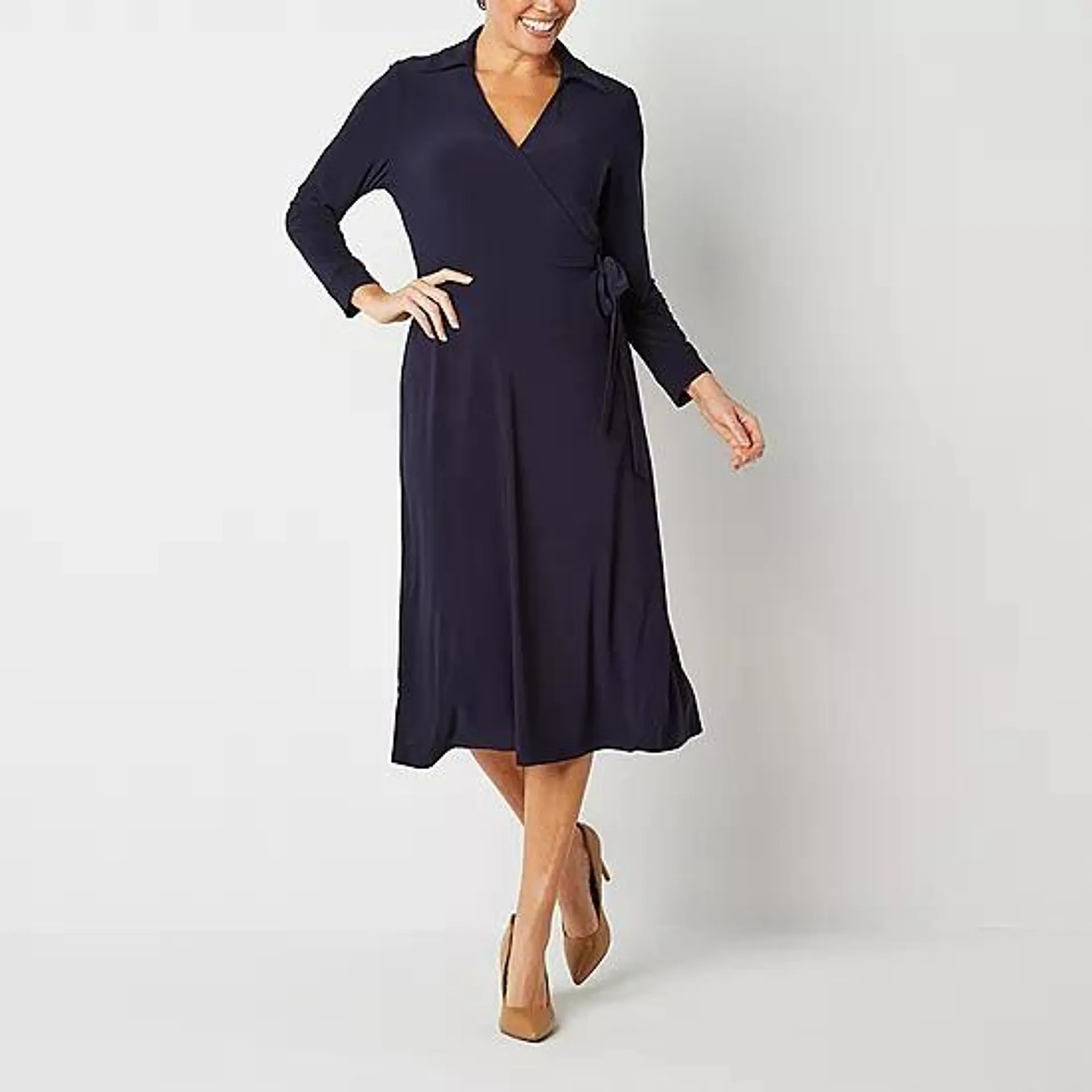 Black Label by Evan-Picone 3/4 Sleeve Midi Wrap Dress