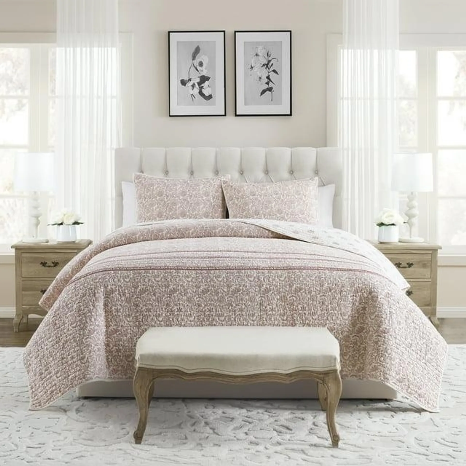 My Texas House Kourtney 3-Piece Taupe Floral Reversible Cotton Quilt Set, King