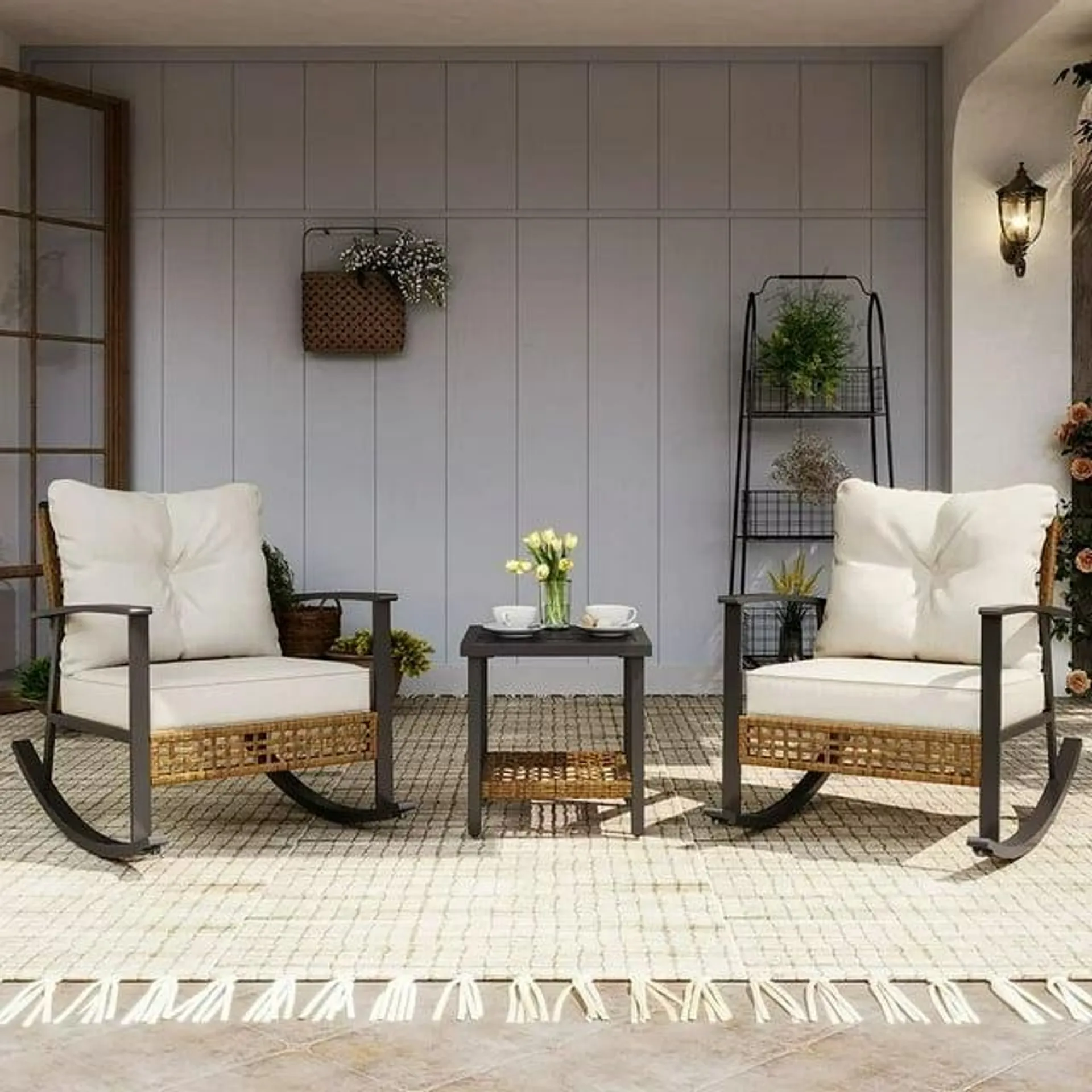 LAUSAINT HOME 3 Pieces Patio Outdoor Conversation Set with 2-Tier Coffee Table, PE Wicker Rocking Chairs with Beige Cushions