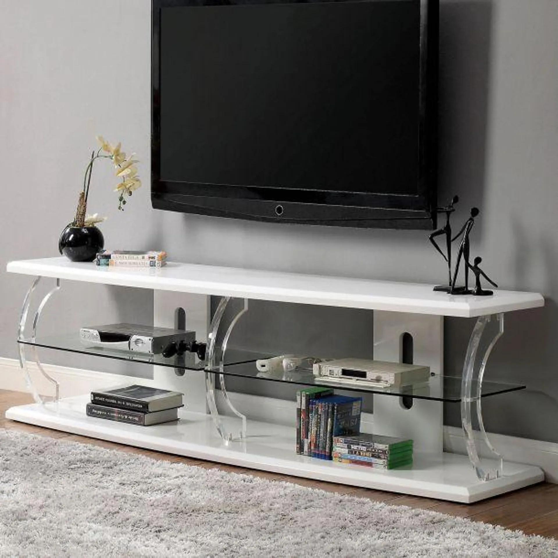 Ernst 60" TV Stand with 8mm Tempered Glass Shelf by Furniture of America - White/Clear