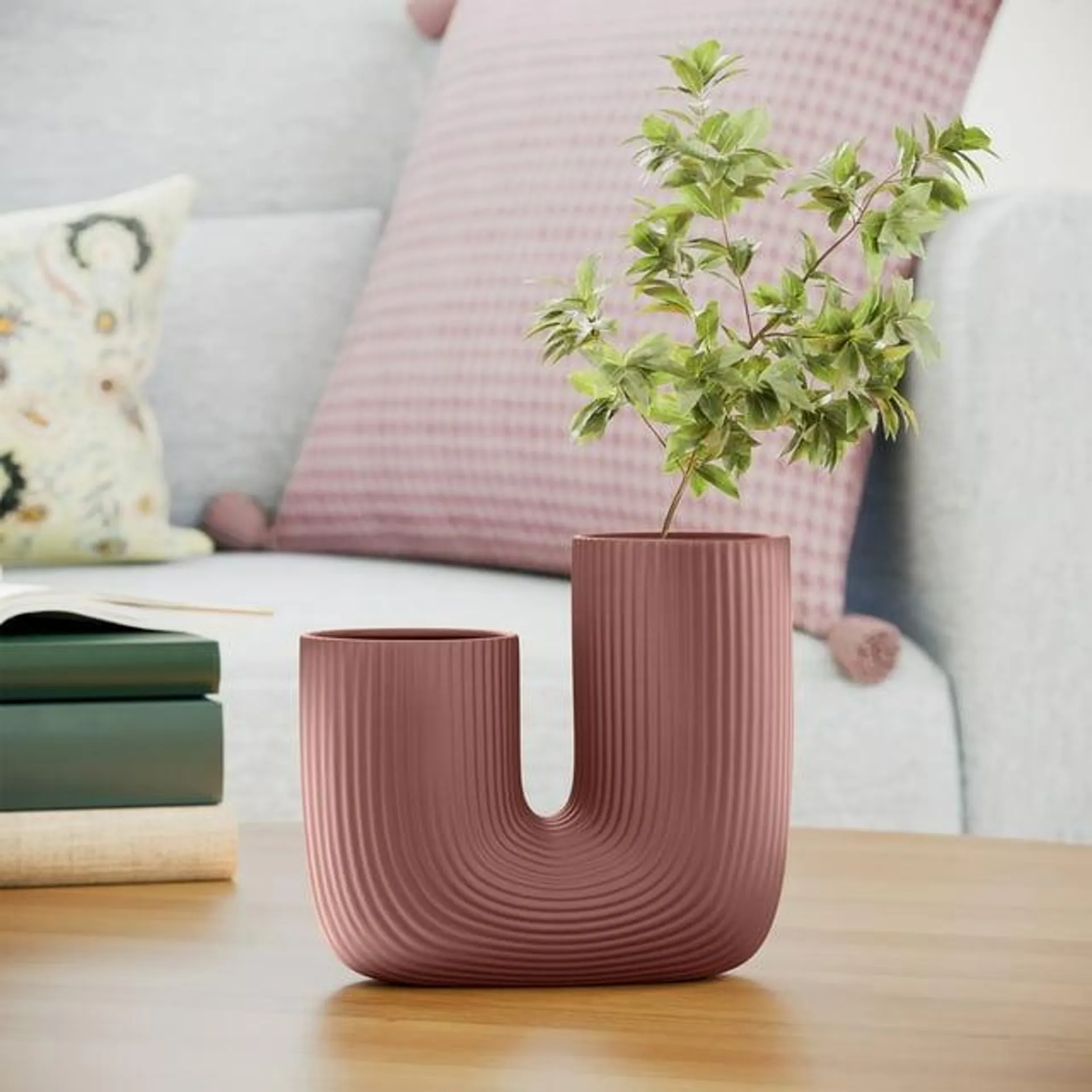 Beautiful 7" Fluted Ceramic Vase by Drew Barrymore, Rosé Pink