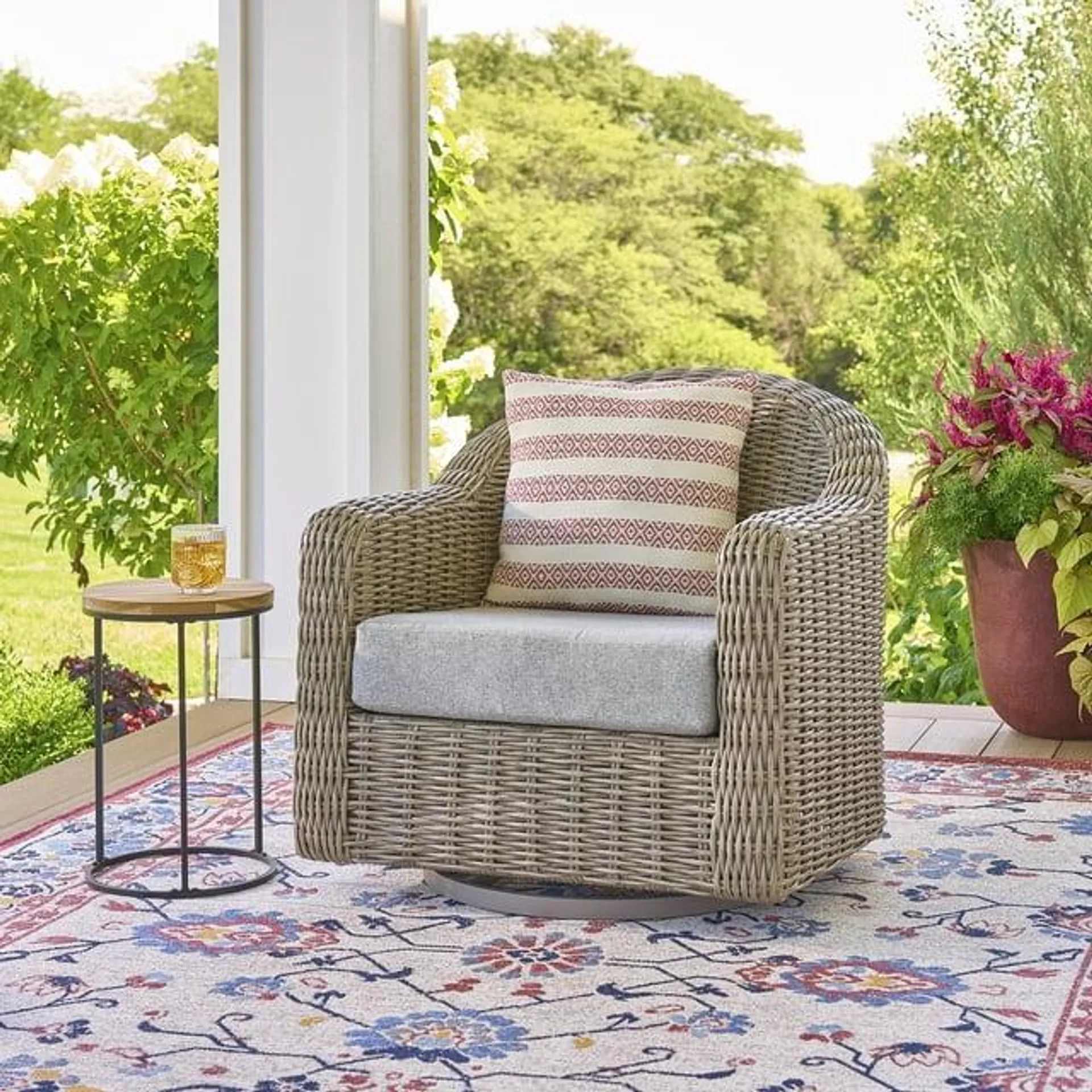 Better Homes & Gardens Bellamy Outdoor Wicker Swivel Glider Chair, Natural Wicker, Gray Cushions